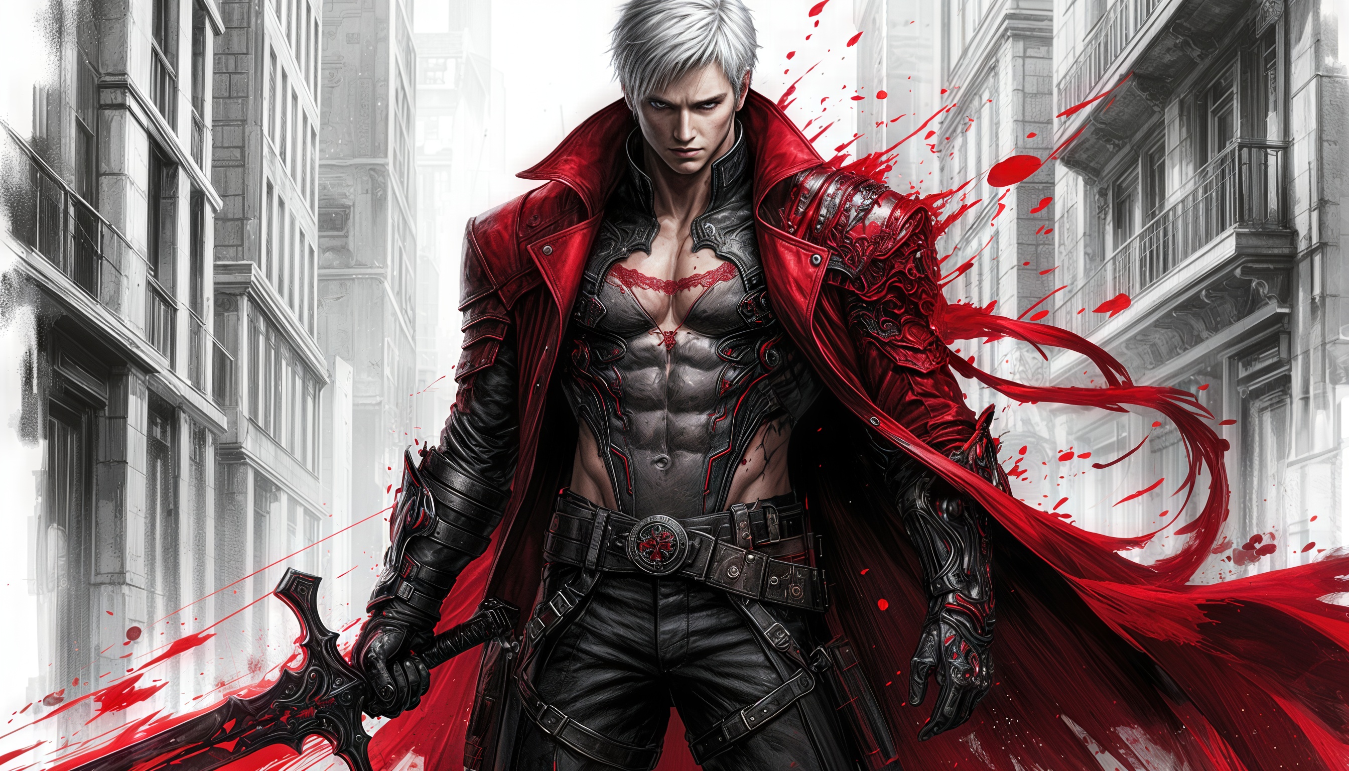 Бесплатное фото Данте главный герой серии видеоигр Devil May Cry в красно-чёрной кожаной броне с мечом в руках.
