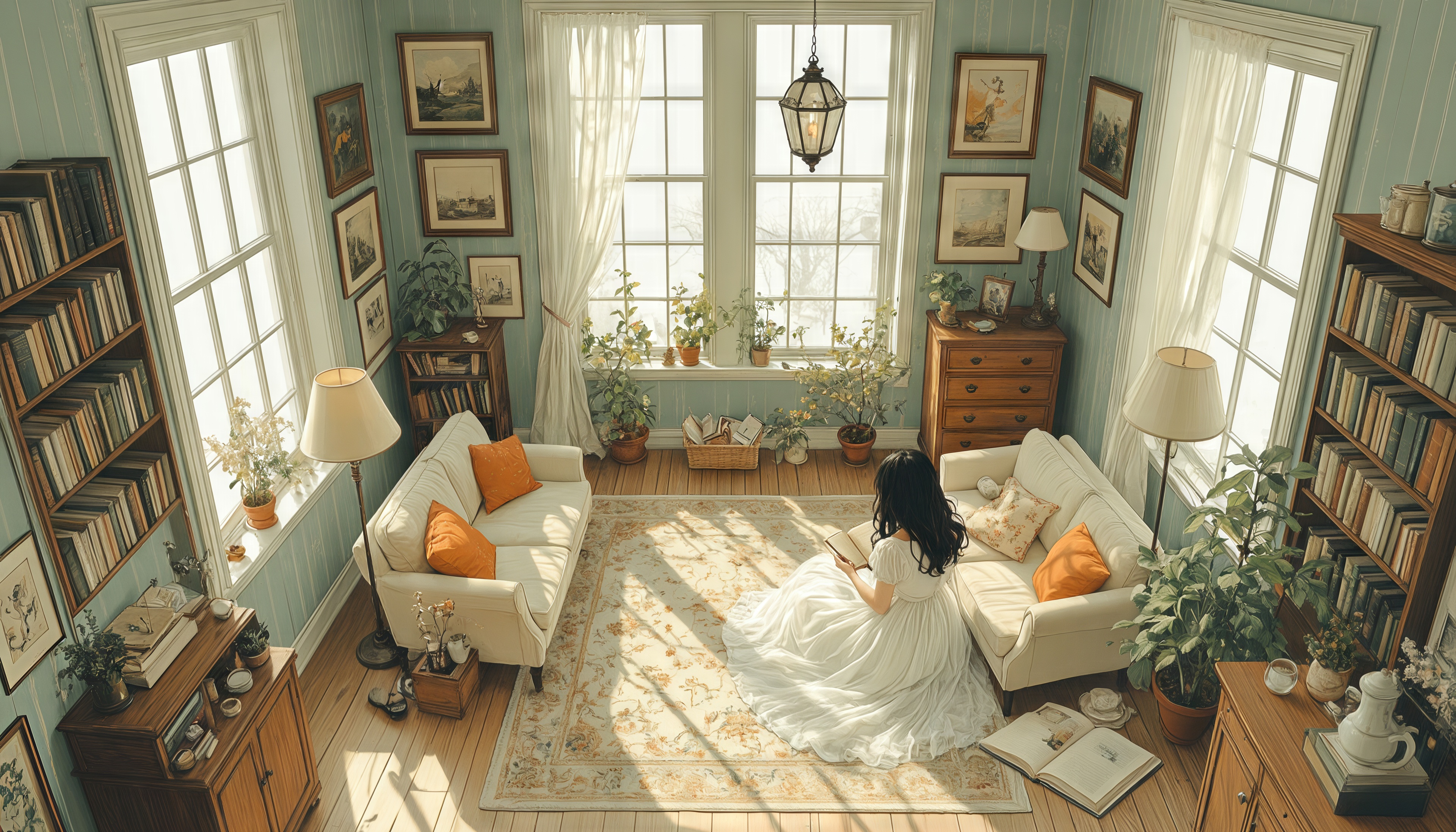 Free photo A girl in a white dress reads a book on a carpet in a cozy home library flooded with sunlight.