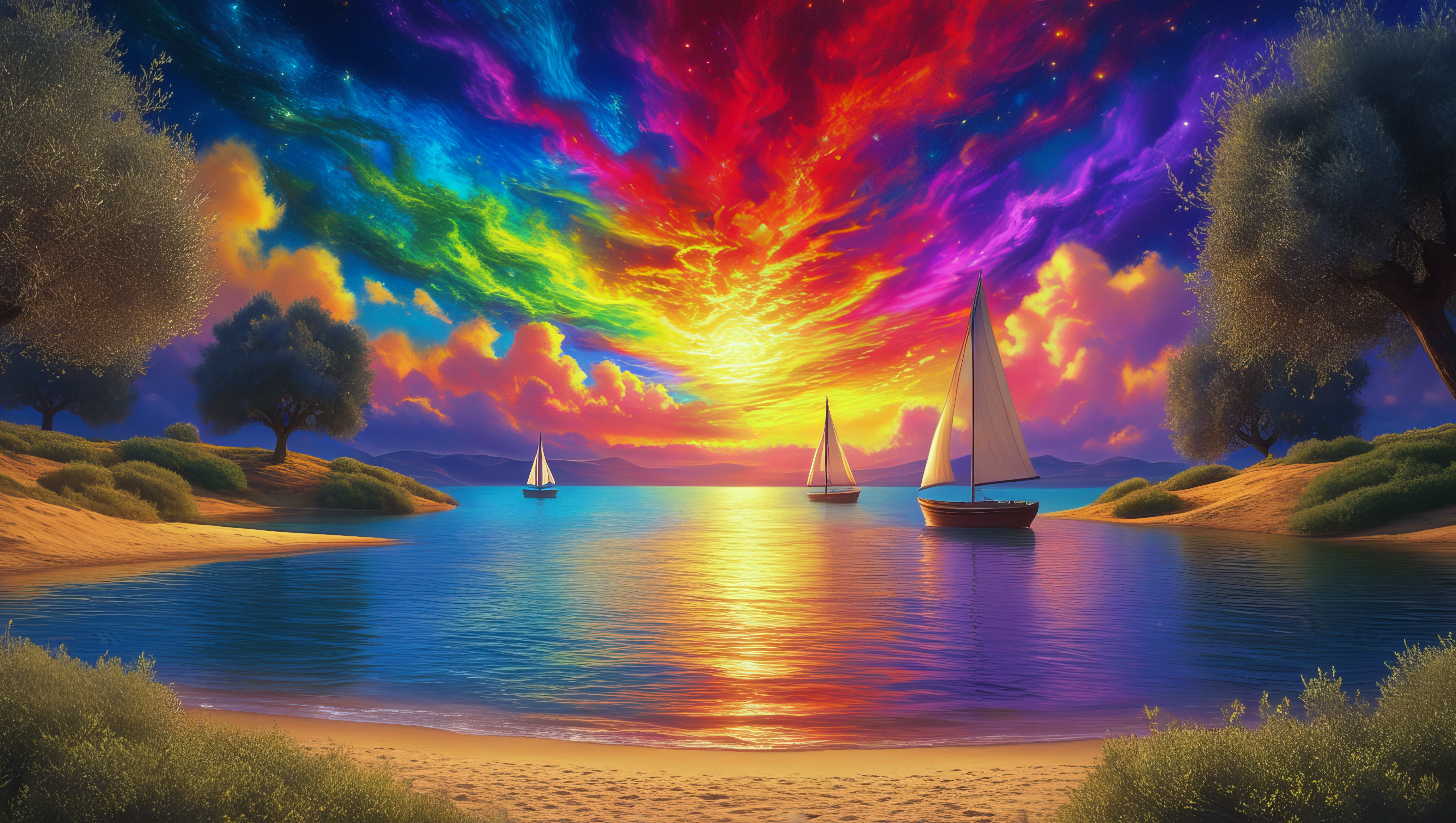 На картине изображены парусники, огненный шар и другие морские обитатели, а небо над водой освещено