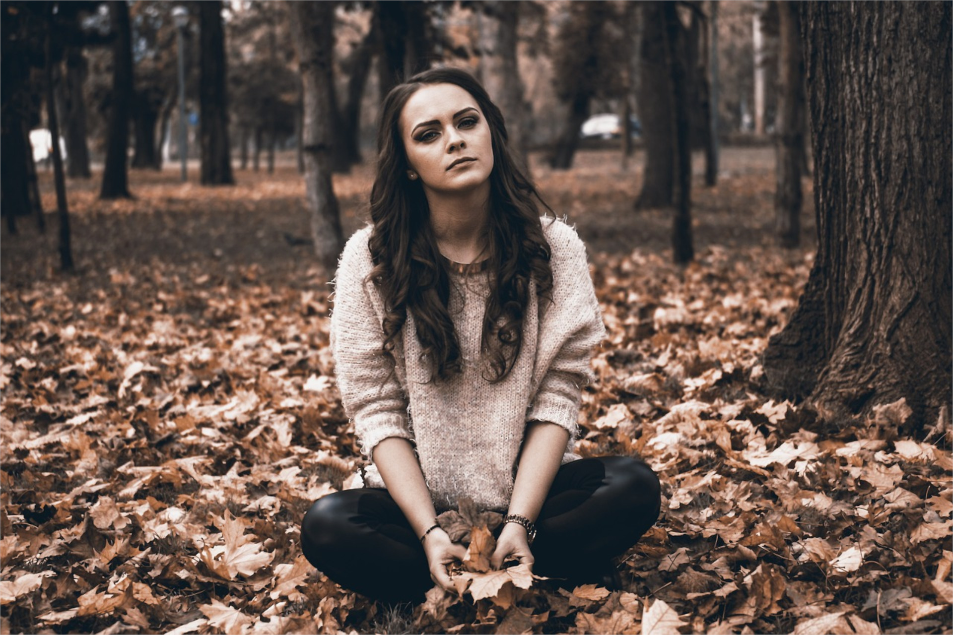 免费照片年轻的黑发女郎坐在秋天的落叶上