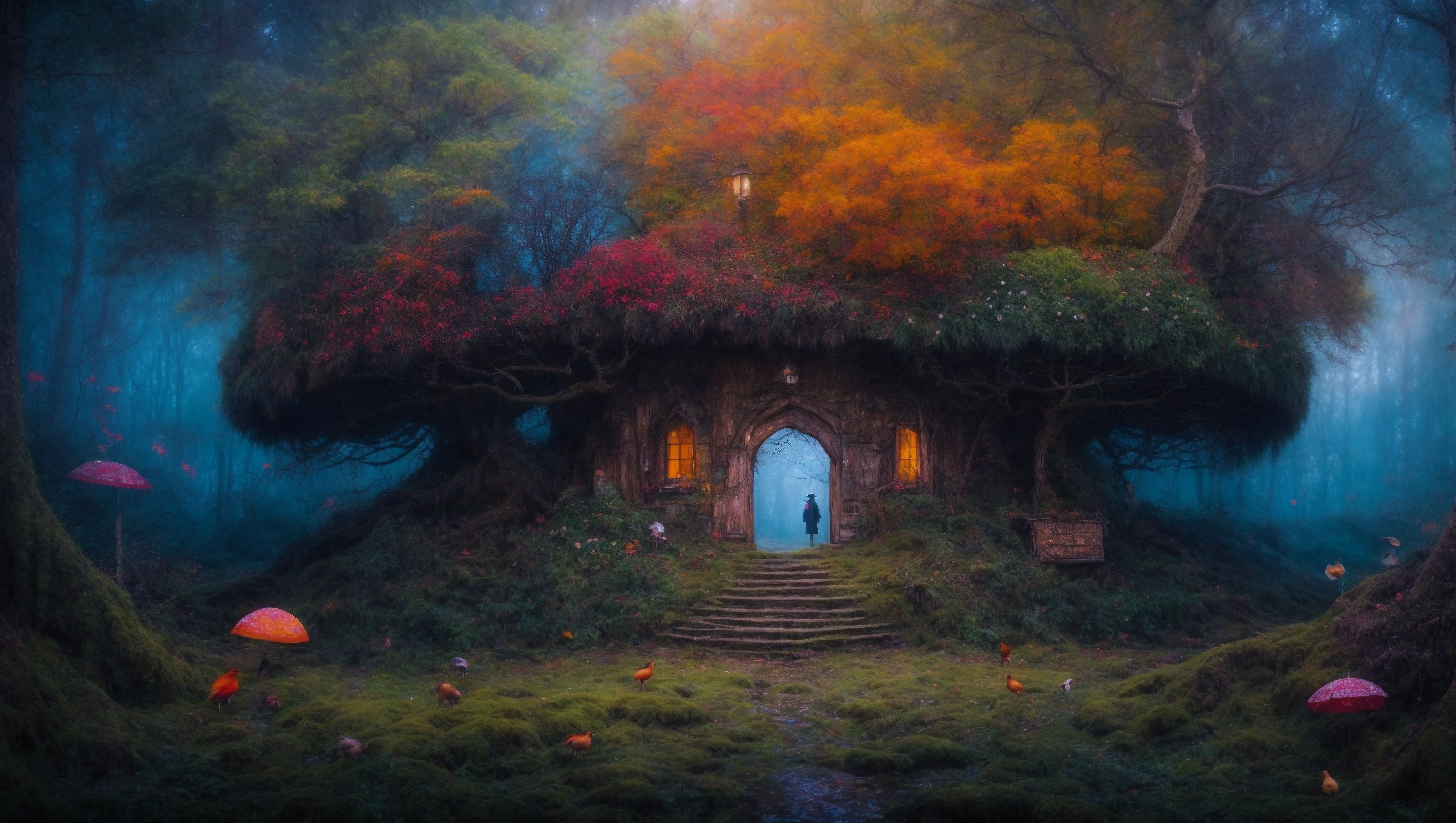 A fairy house is sitting in the middle of a forest