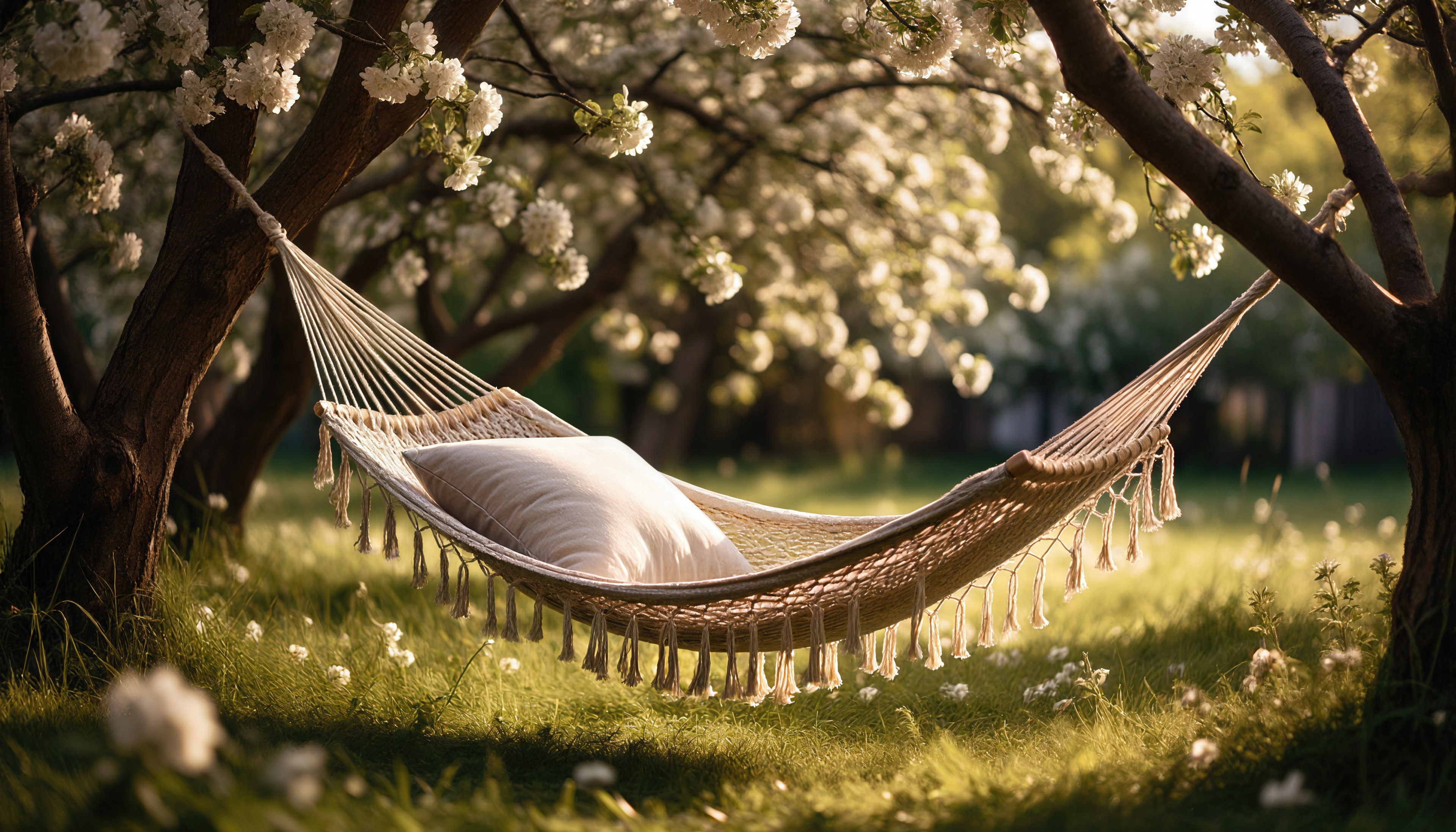 Бесплатное фото Гамак с подушкой между цветущими деревьями в лучах солнца.