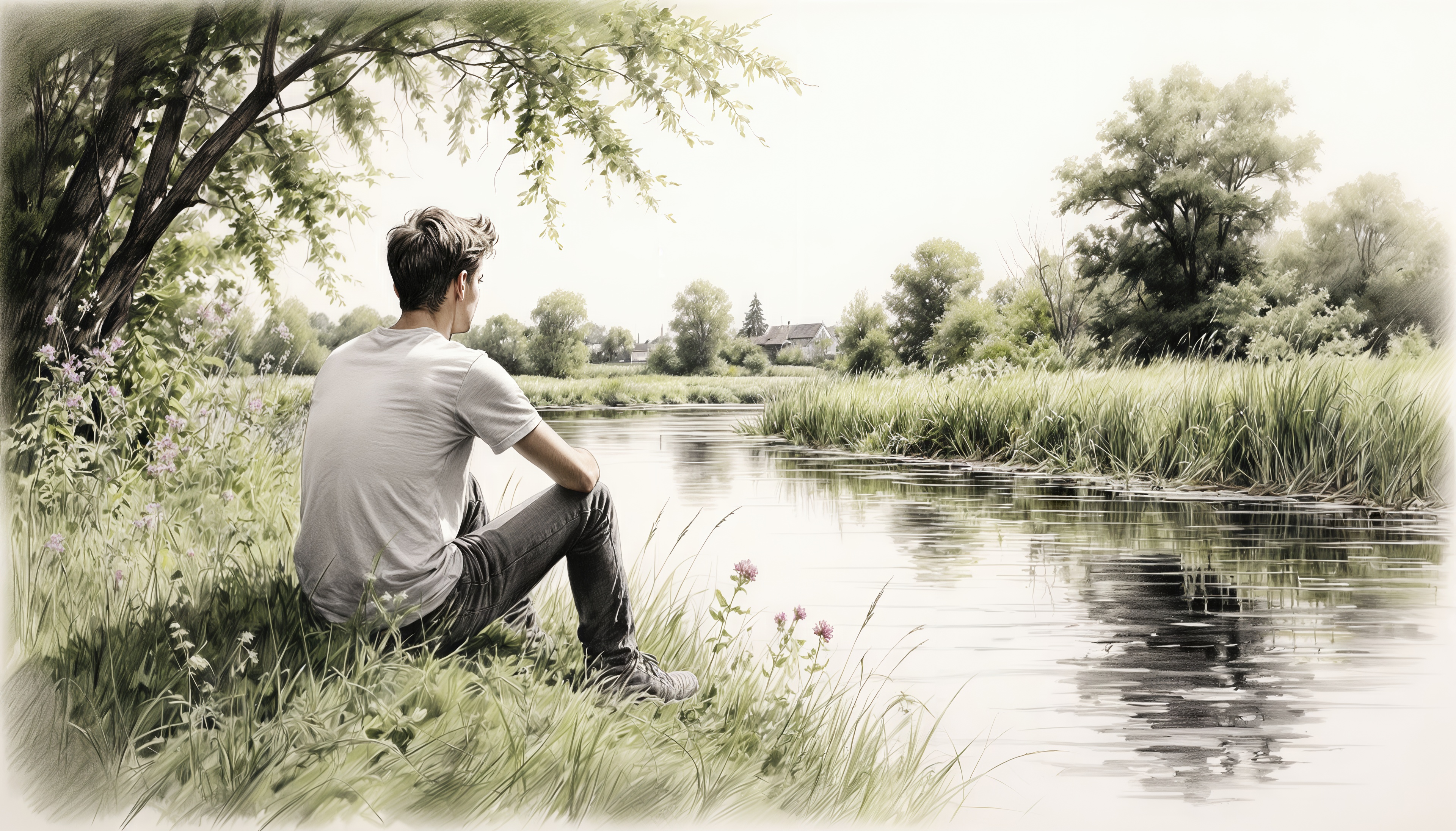 Бесплатное фото Юноша задумчиво сидит на берегу спокойной реки, окружённый зеленью.