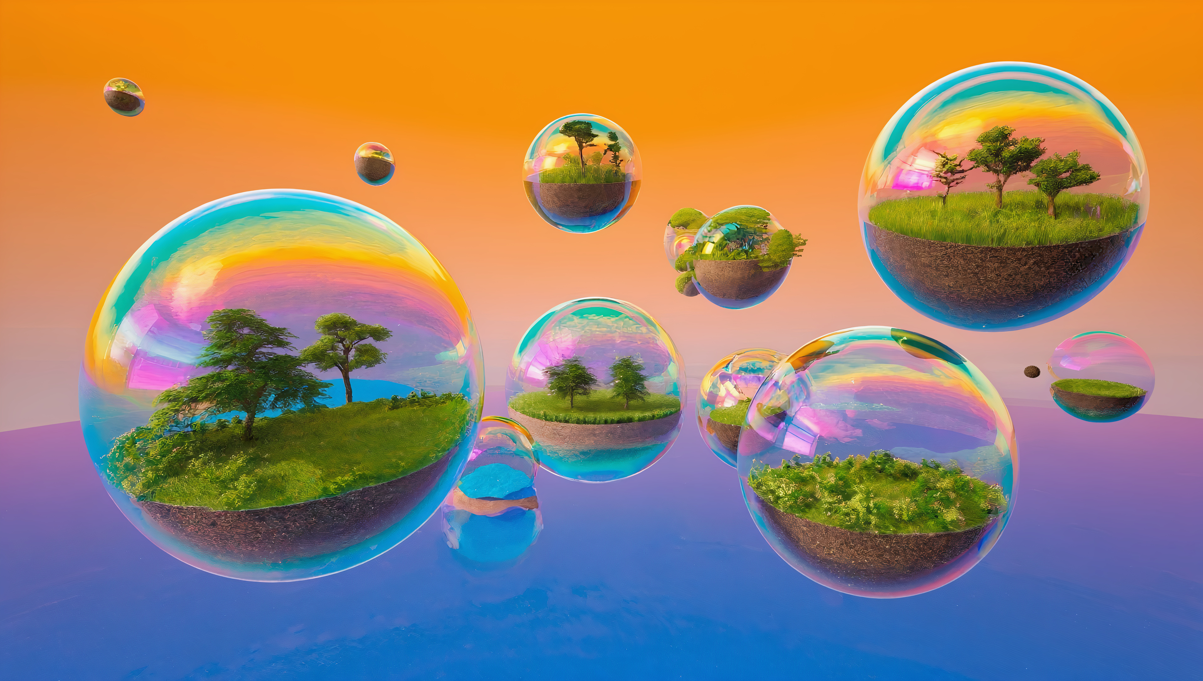 Бесплатное фото Обои на рабочий стол, абстрактная картина, на которой прозрачной оболочке парят кусочки ландшафта