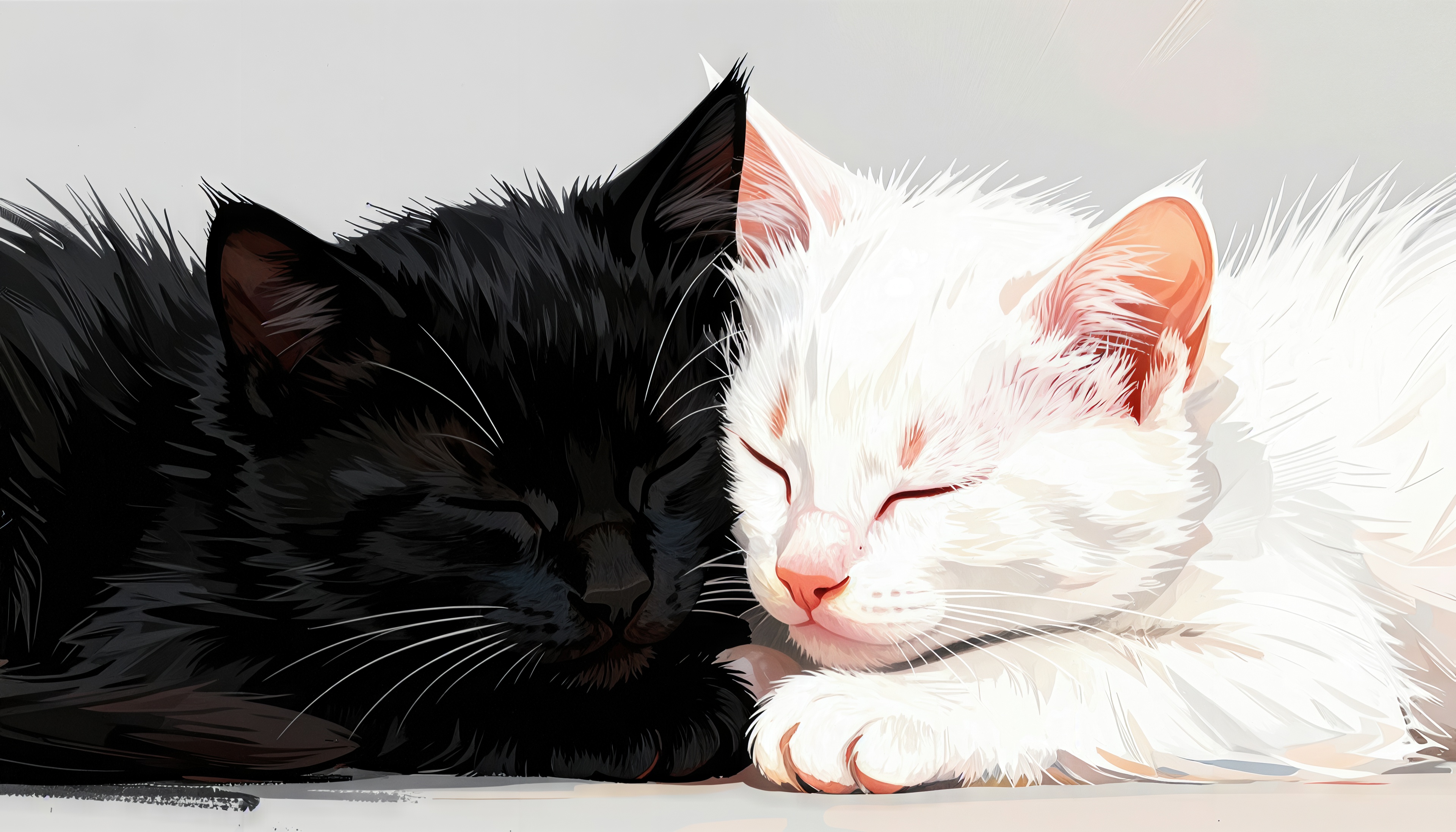 Free photo Two cute kittens, black and white, are sleeping side by side in the rays of soft light. Illustration for wallpaper.