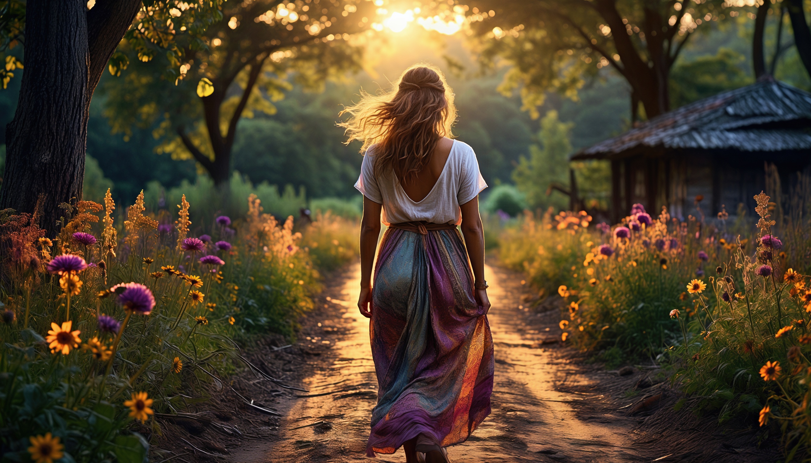 Бесплатное фото Девушка идет по лесной тропинке на закате, окруженная цветами и деревьями.