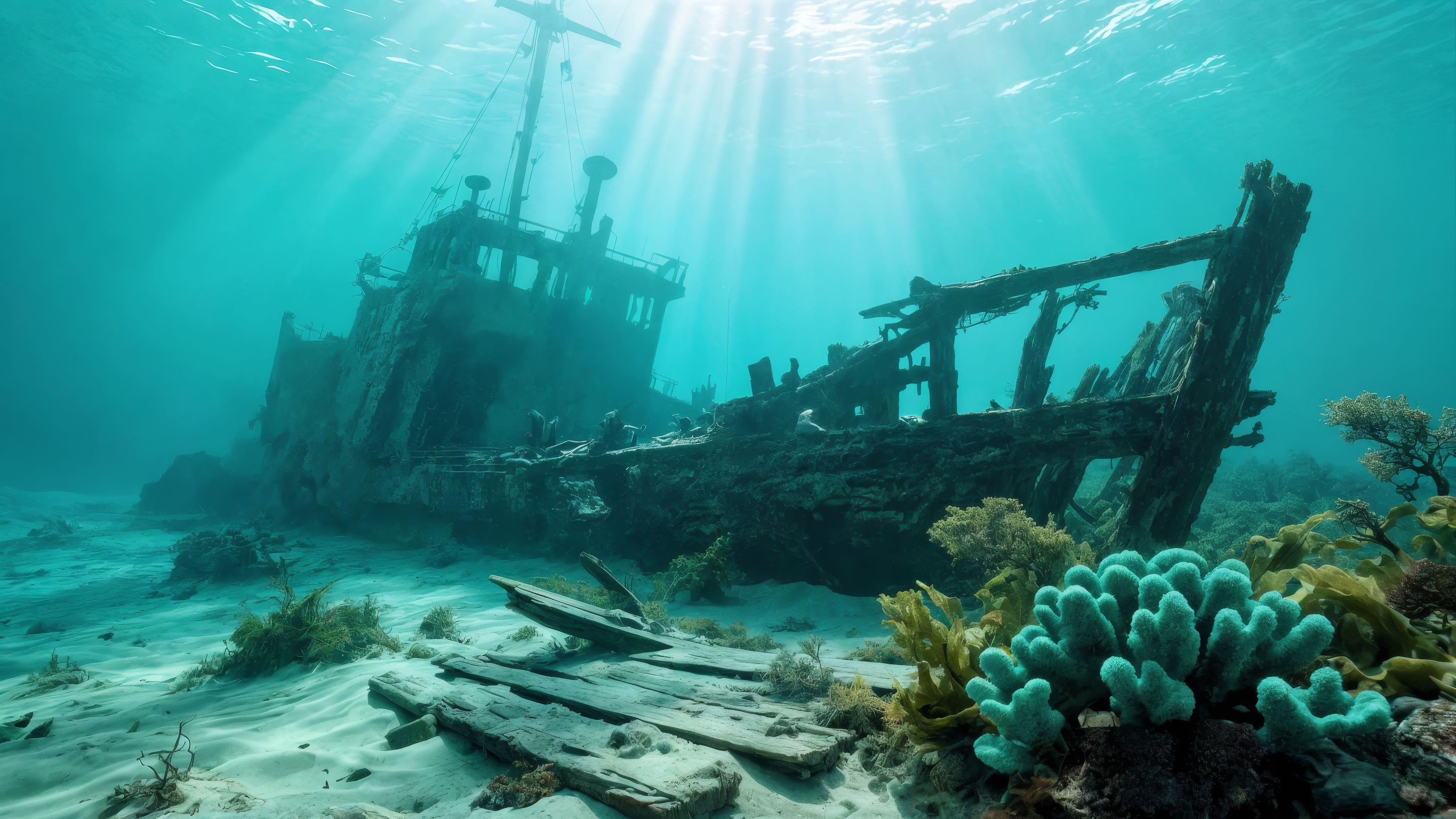 水下拍摄的一艘木船在海中