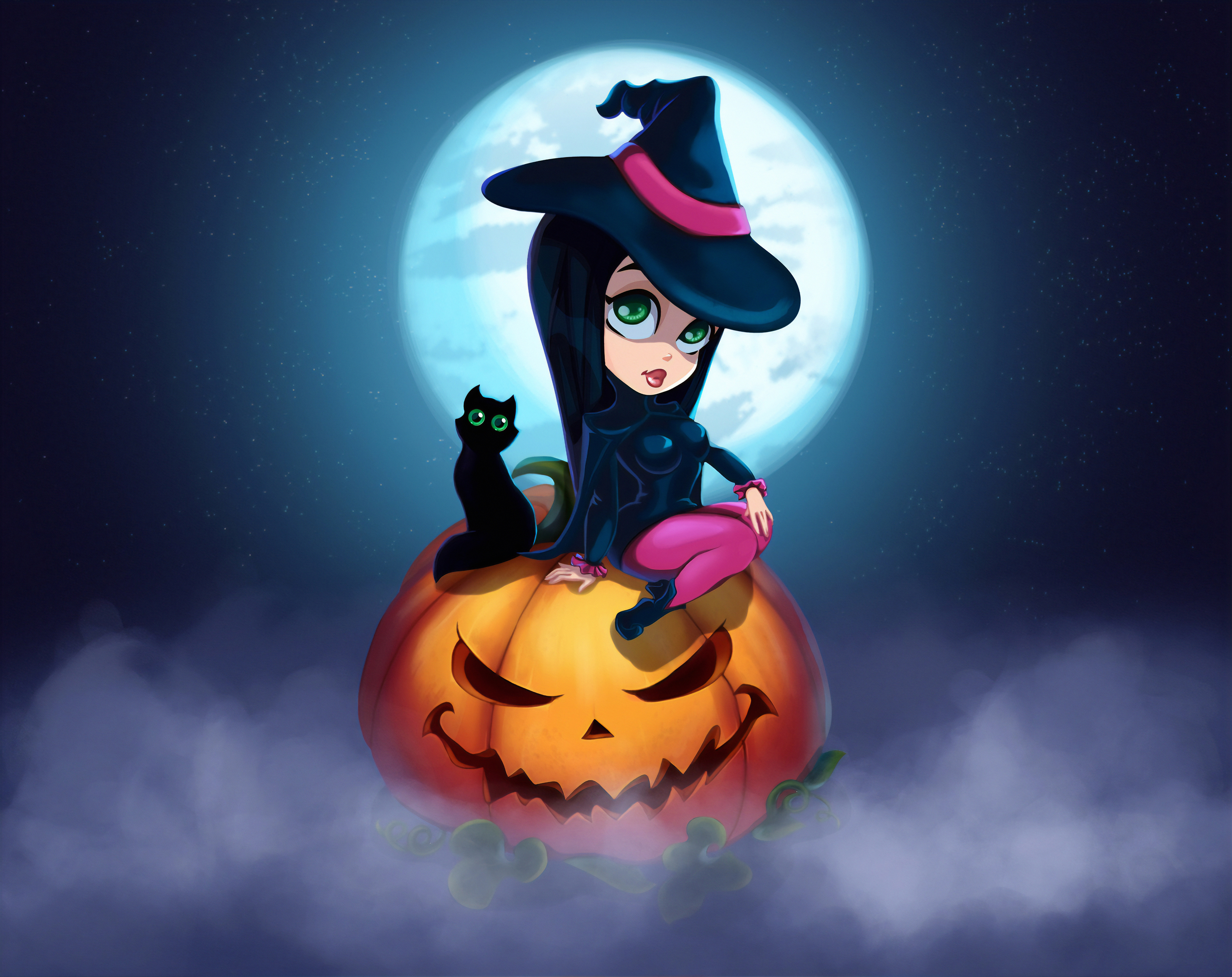 Cute girl in a hat with a black kitty sitting on a pumpkin