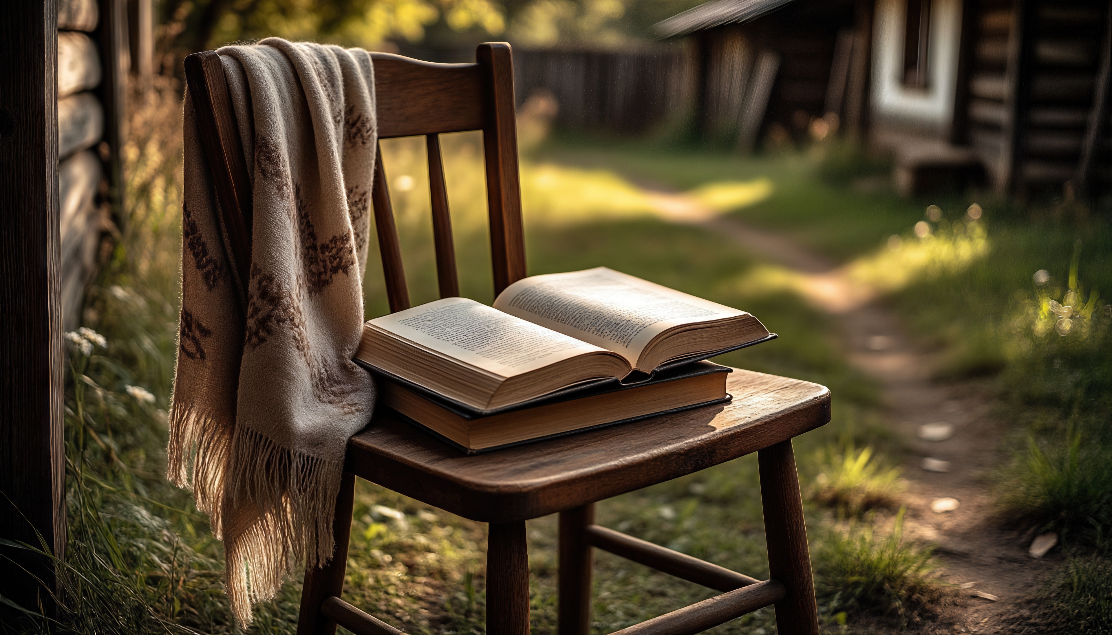 免费照片在村屋里，一把带地毯的椅子和一本书，阳光创造了魔力。