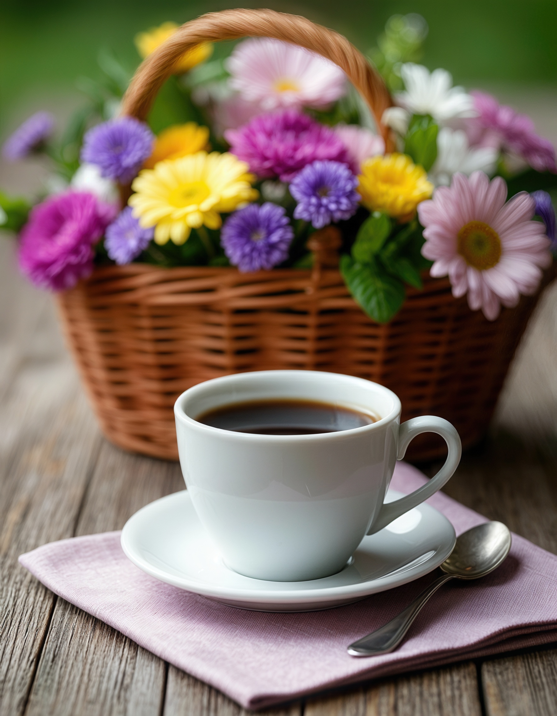 Бесплатная открытка Чашка кофе на розовой салфетке рядом с корзиной цветов на деревянной поверхности.