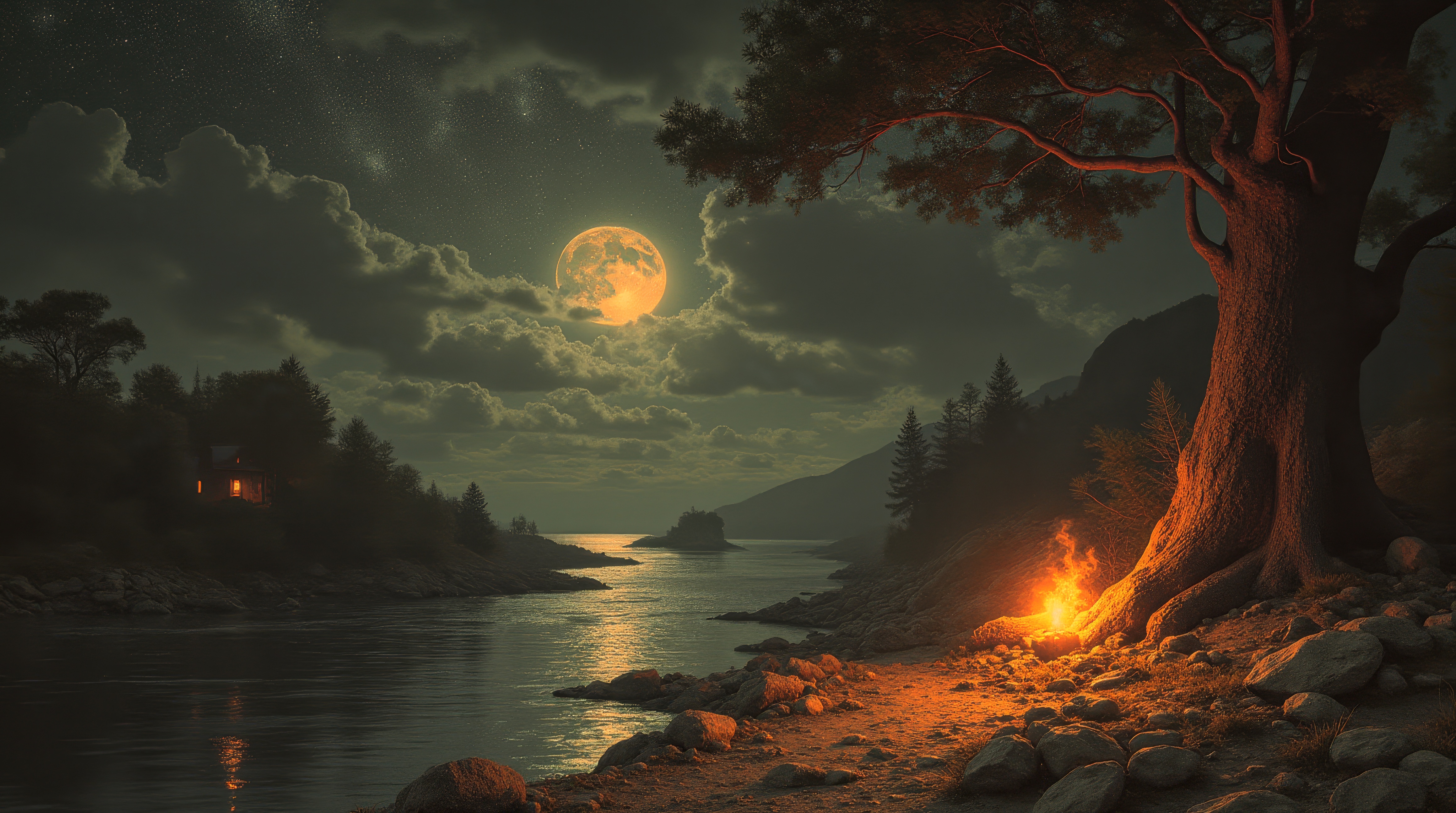 Бесплатное фото Картина маслом с изображением деревьев, фонарей и скал на фоне залитого лунным светом океана