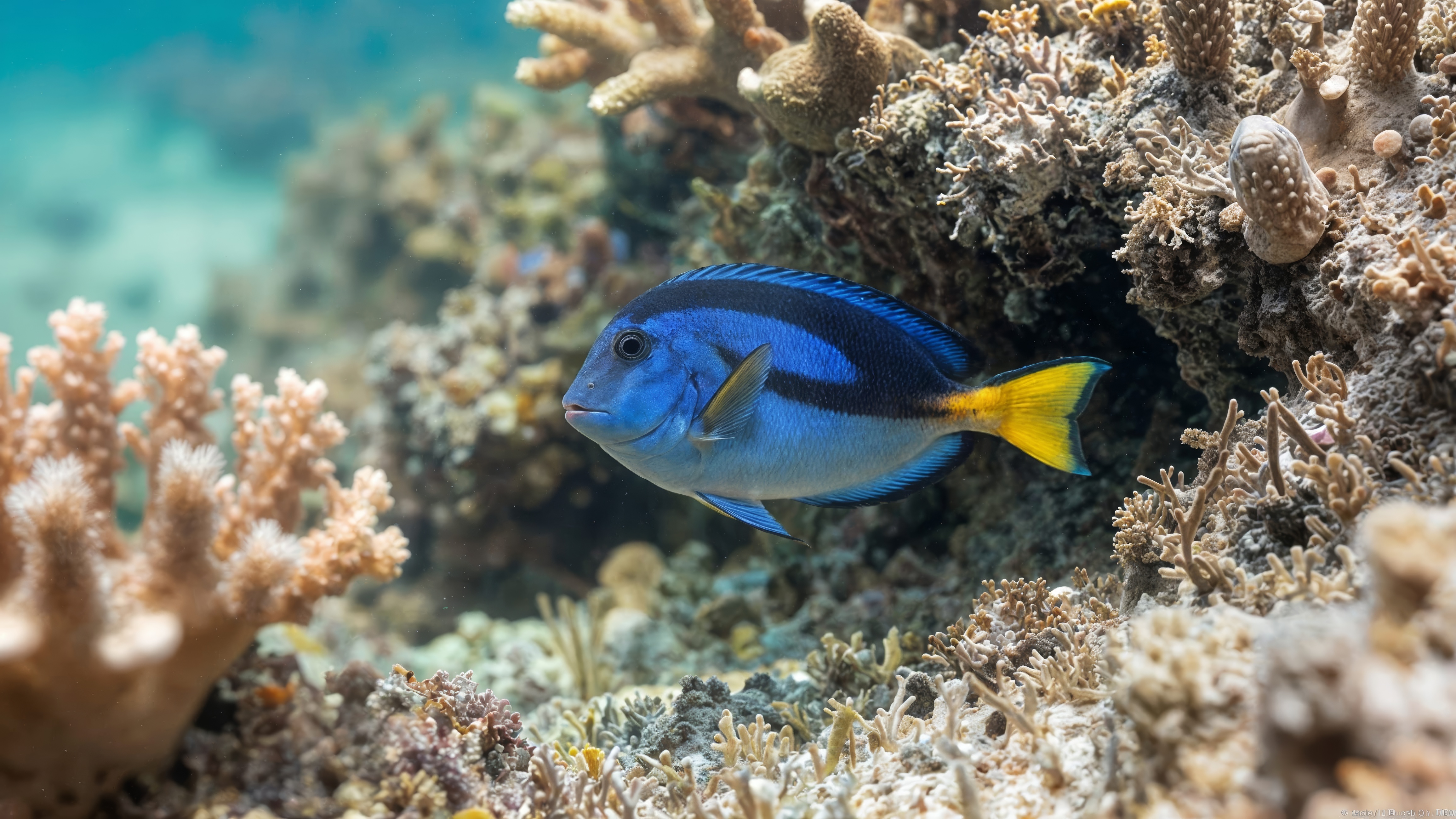 免费照片珊瑚里有一条五颜六色的蓝色和黄色的鱼