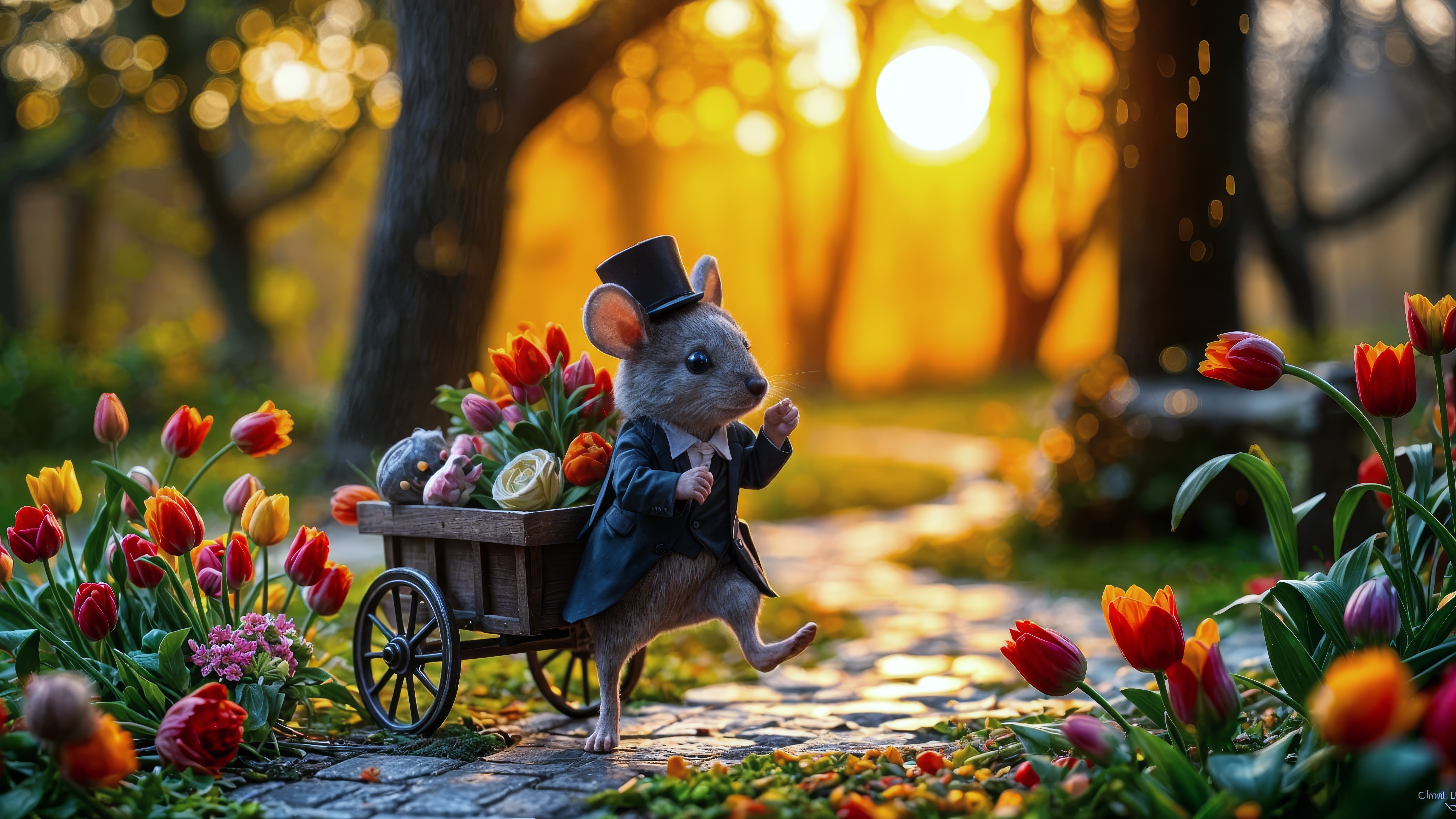 Маленький мышонок едет в повозке с цветами