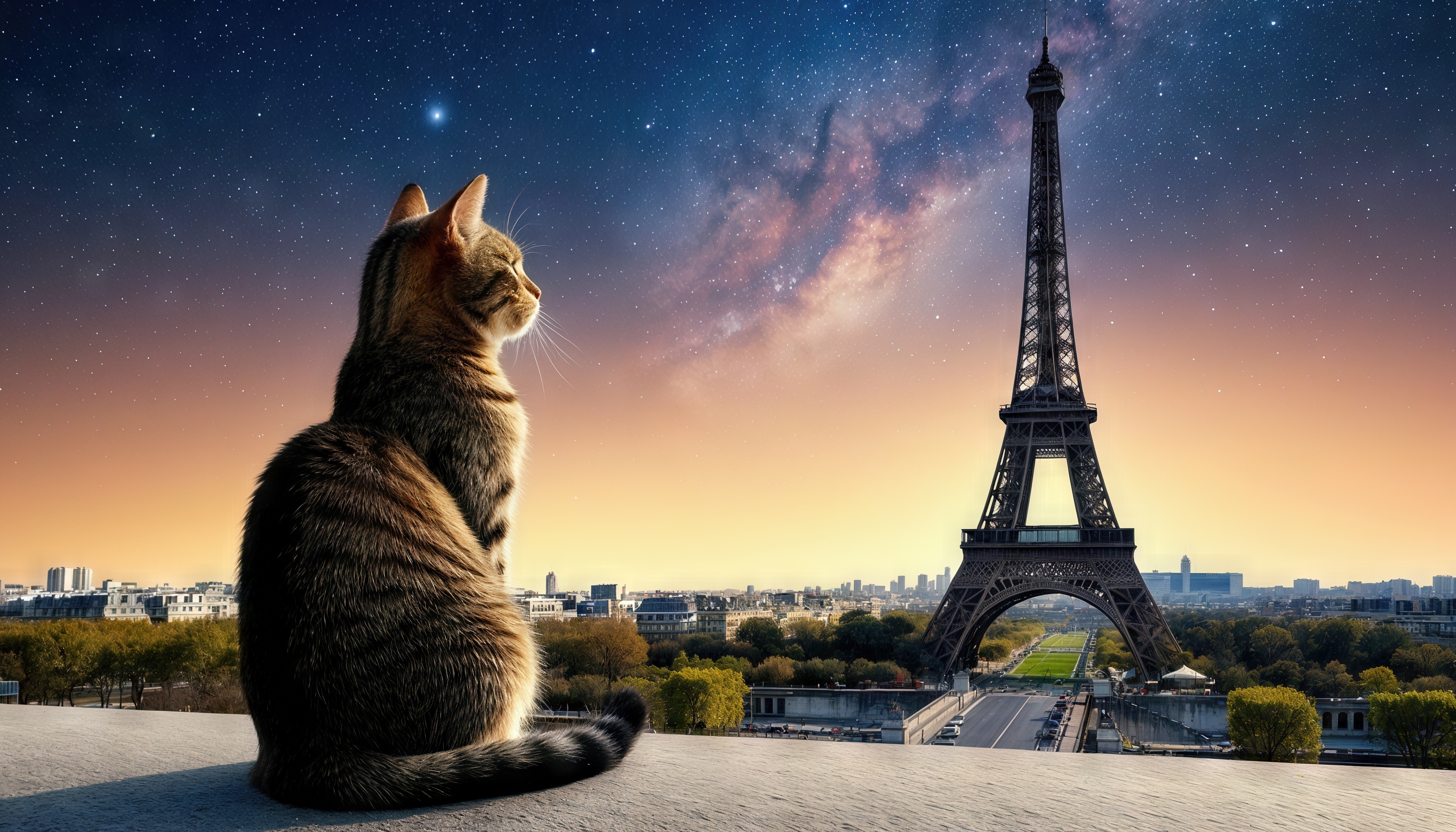 Бесплатное фото Кот на крыше смотрит на Эйфелеву башню на фоне ночного неба со звездами.