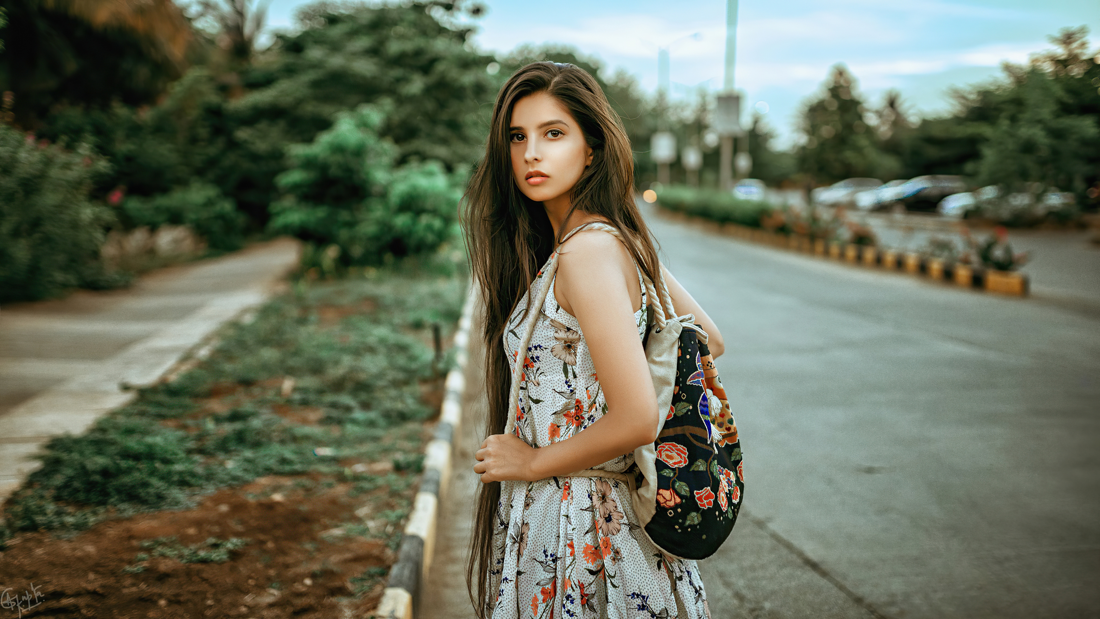 Free photo Long-haired brown hair in a beautiful dress with flowers