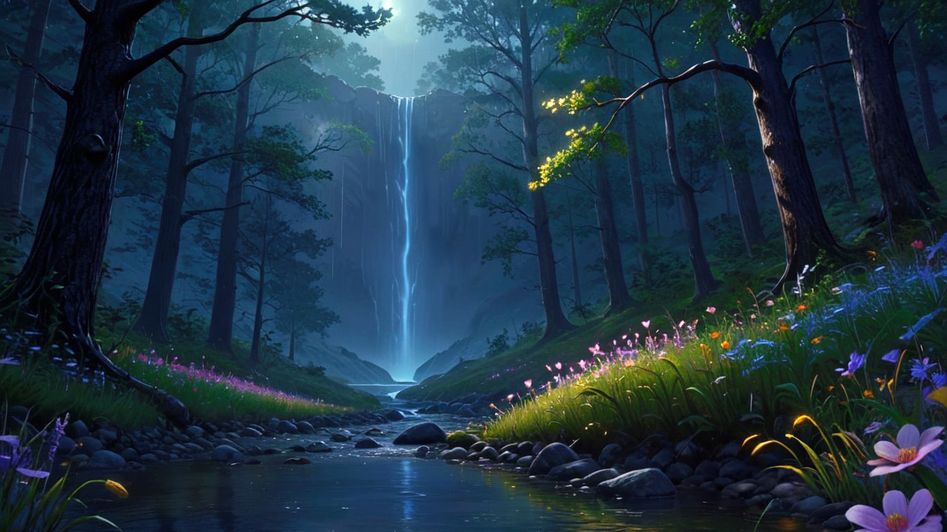 Бесплатное фото Лесной пейзаж и  водопад с речкой