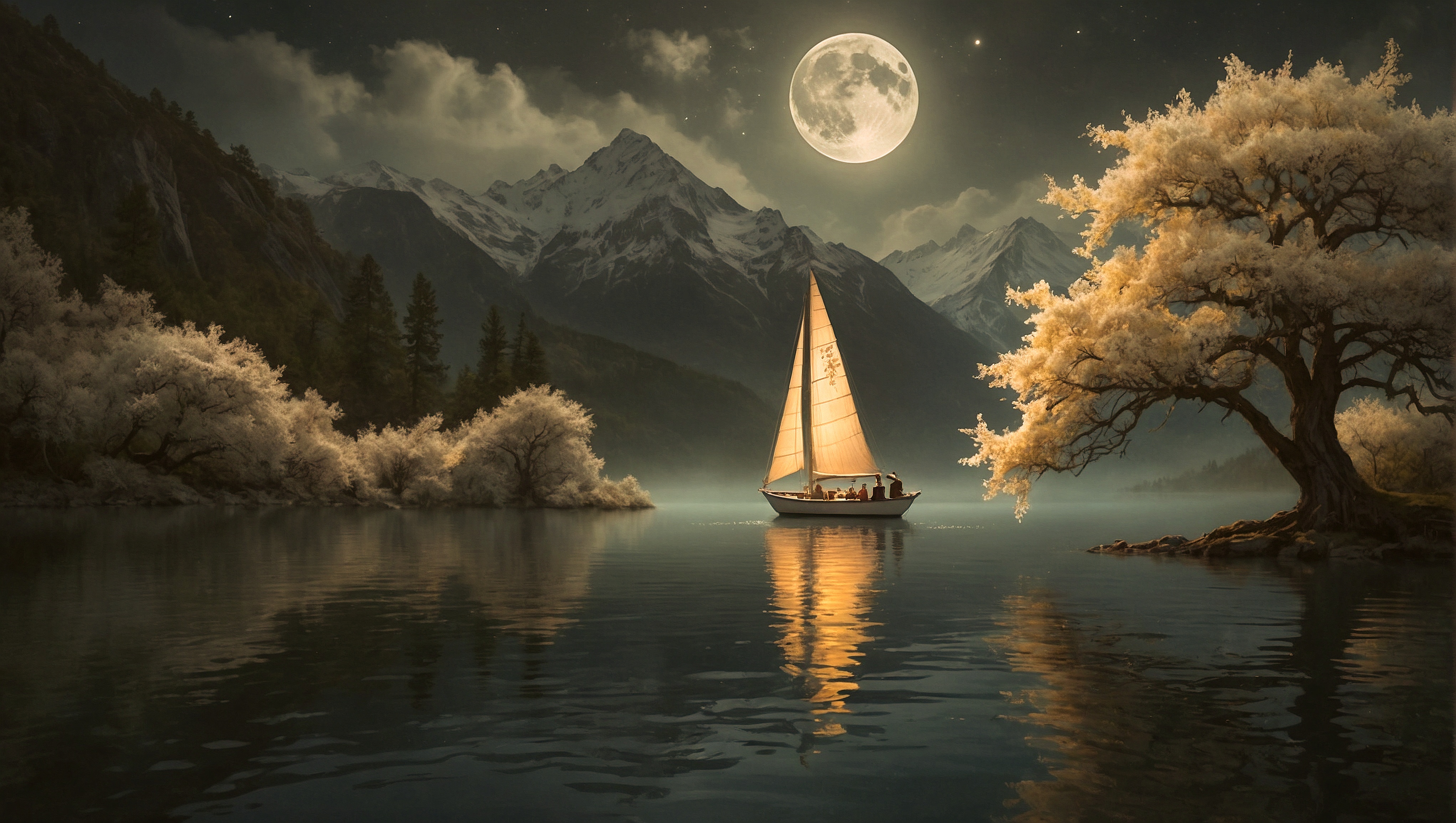 Free photo A full moon over a boat on a river