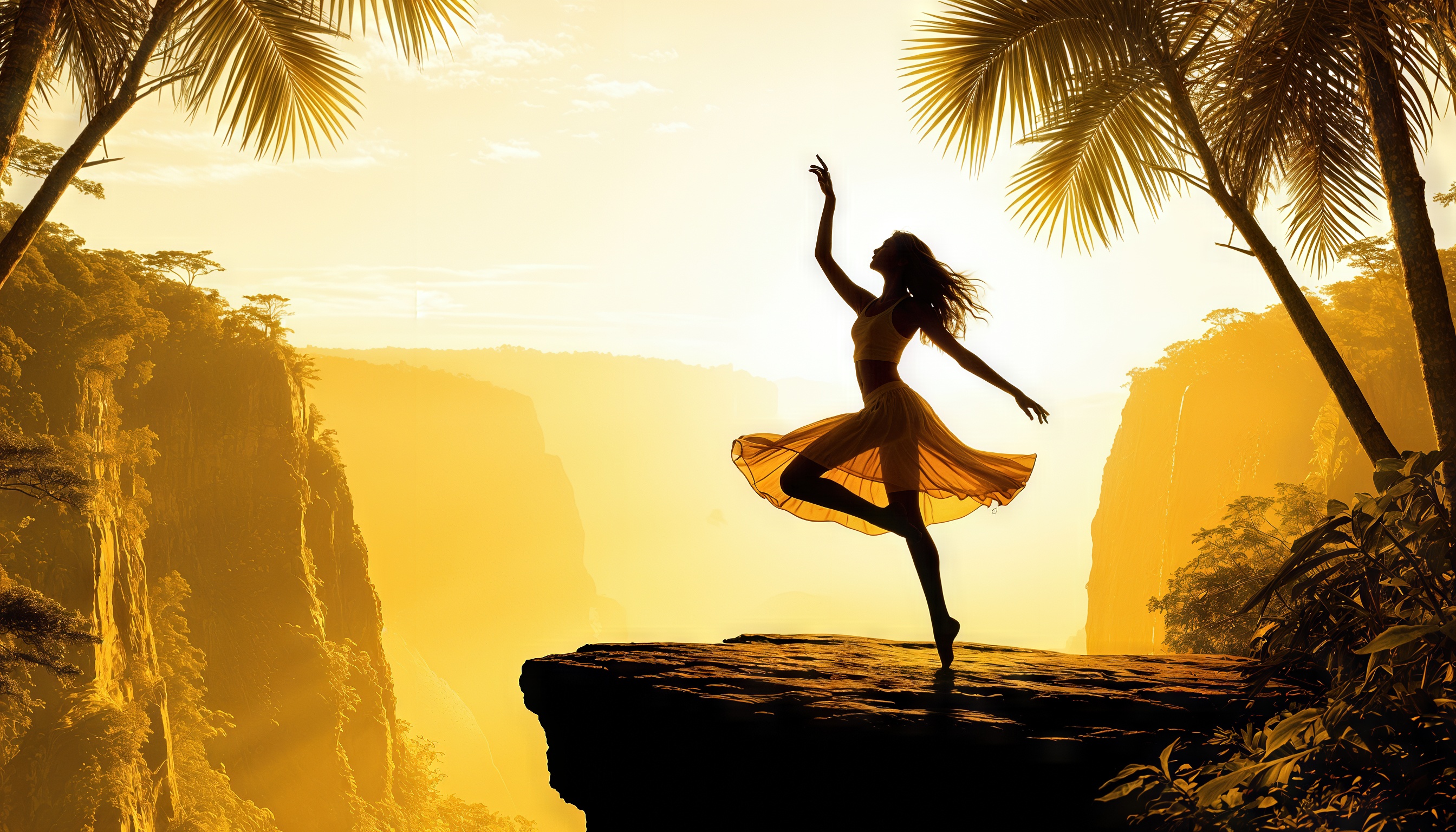 Силуэт танцовщицы на закате среди тропических пальм и скал.