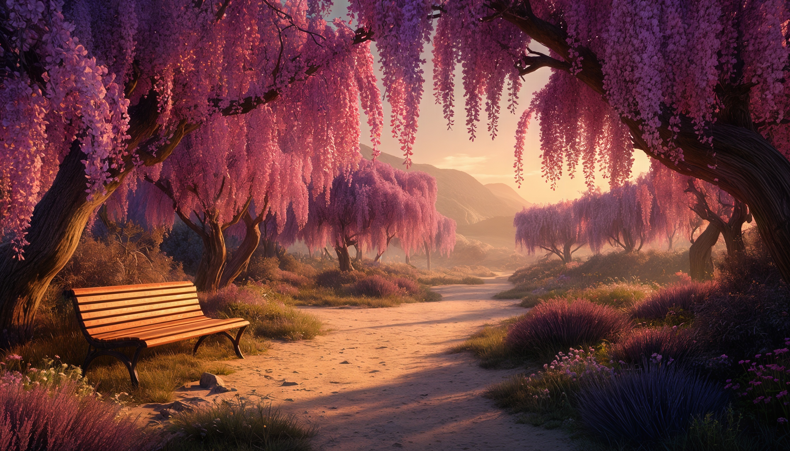 Бесплатное фото Цветущие деревья, тропинка, горы на закате.