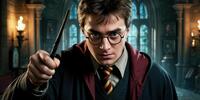 Гарри Поттер держит волшебную палочку в школьной форме ученика Хогвартса.