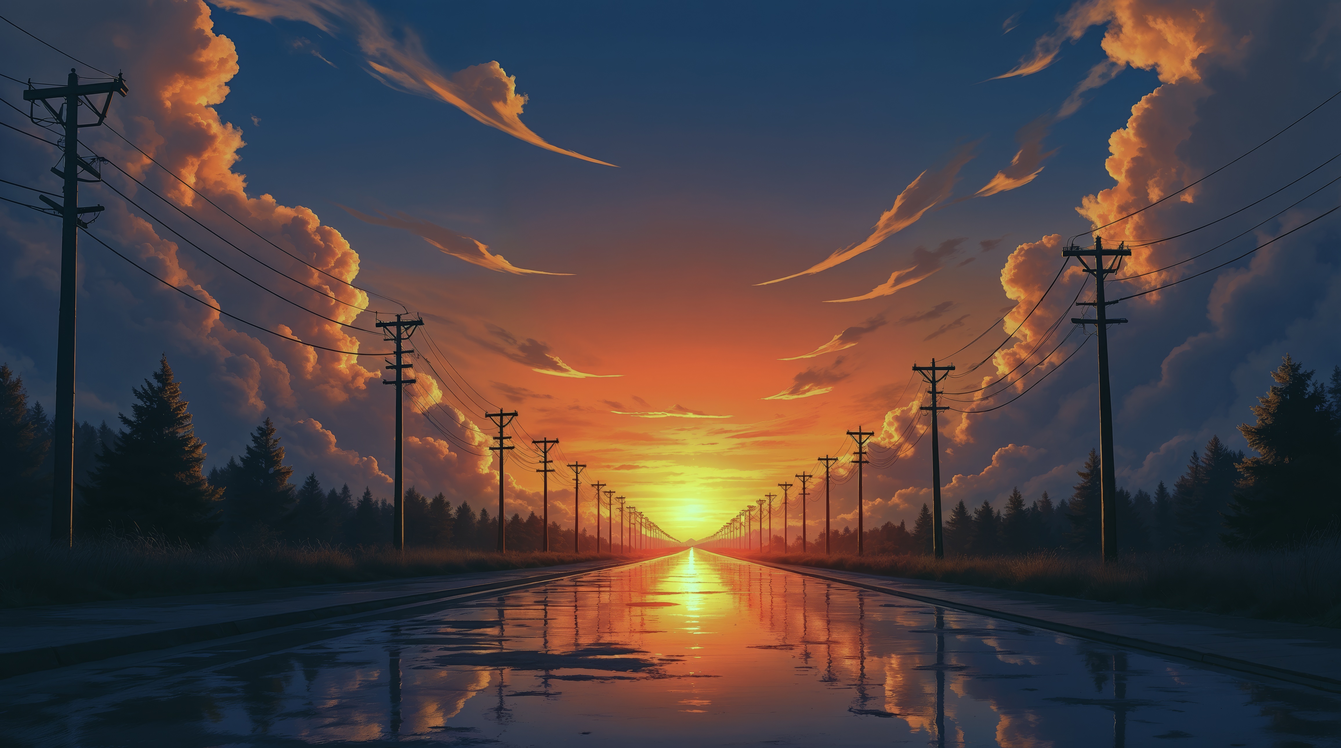 Картина с изображением заката на затопленной дороге