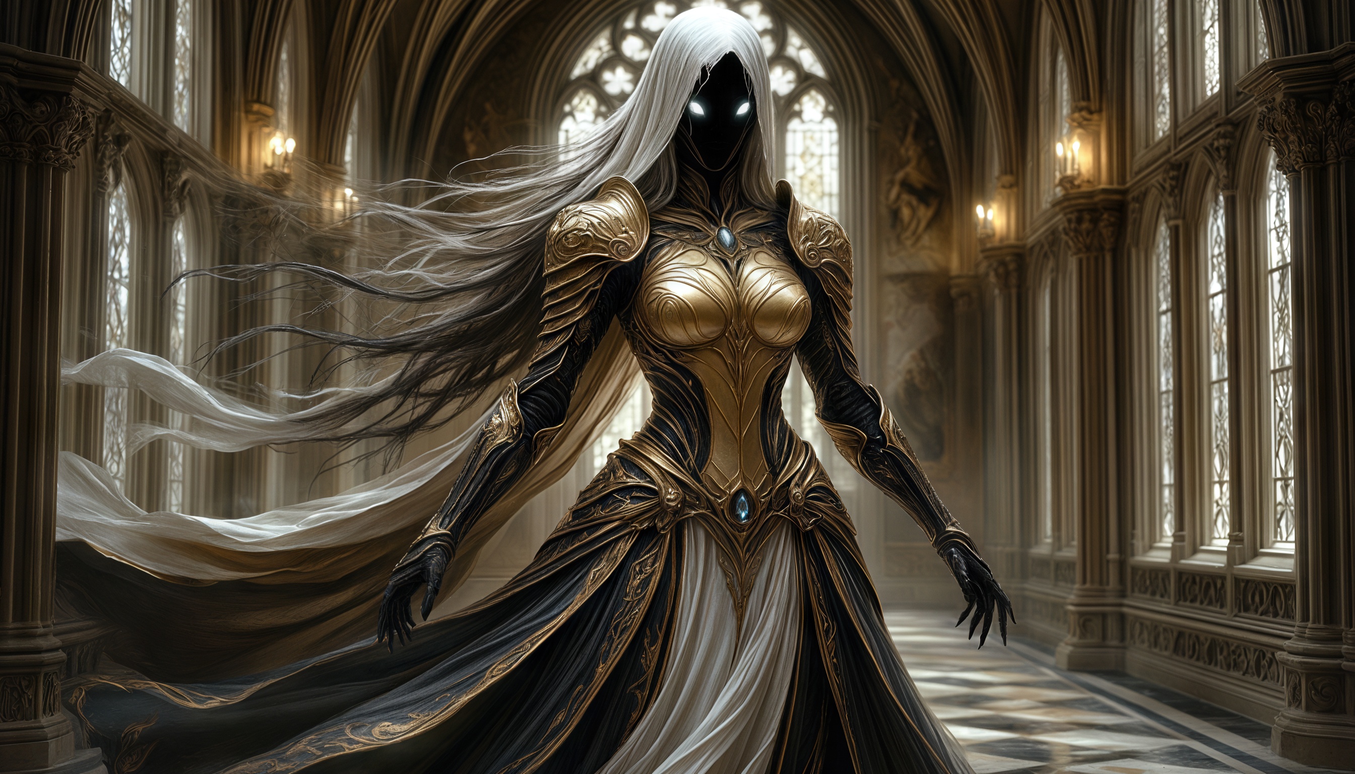 Мистическая воительница в золотых доспехах в готическом зале.