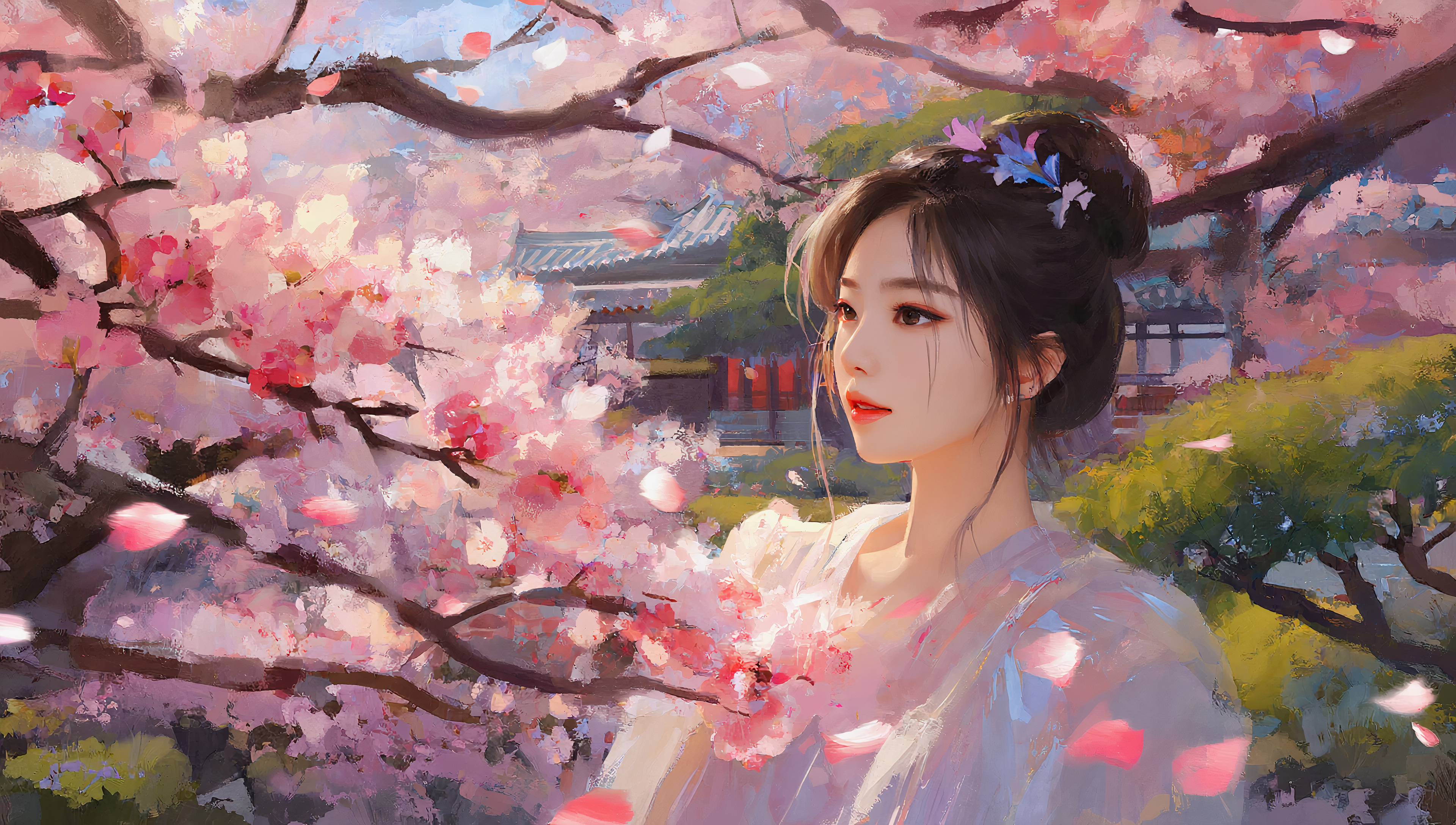 Free photo A young Japanese girl admiring the blossoming cherry blossoms