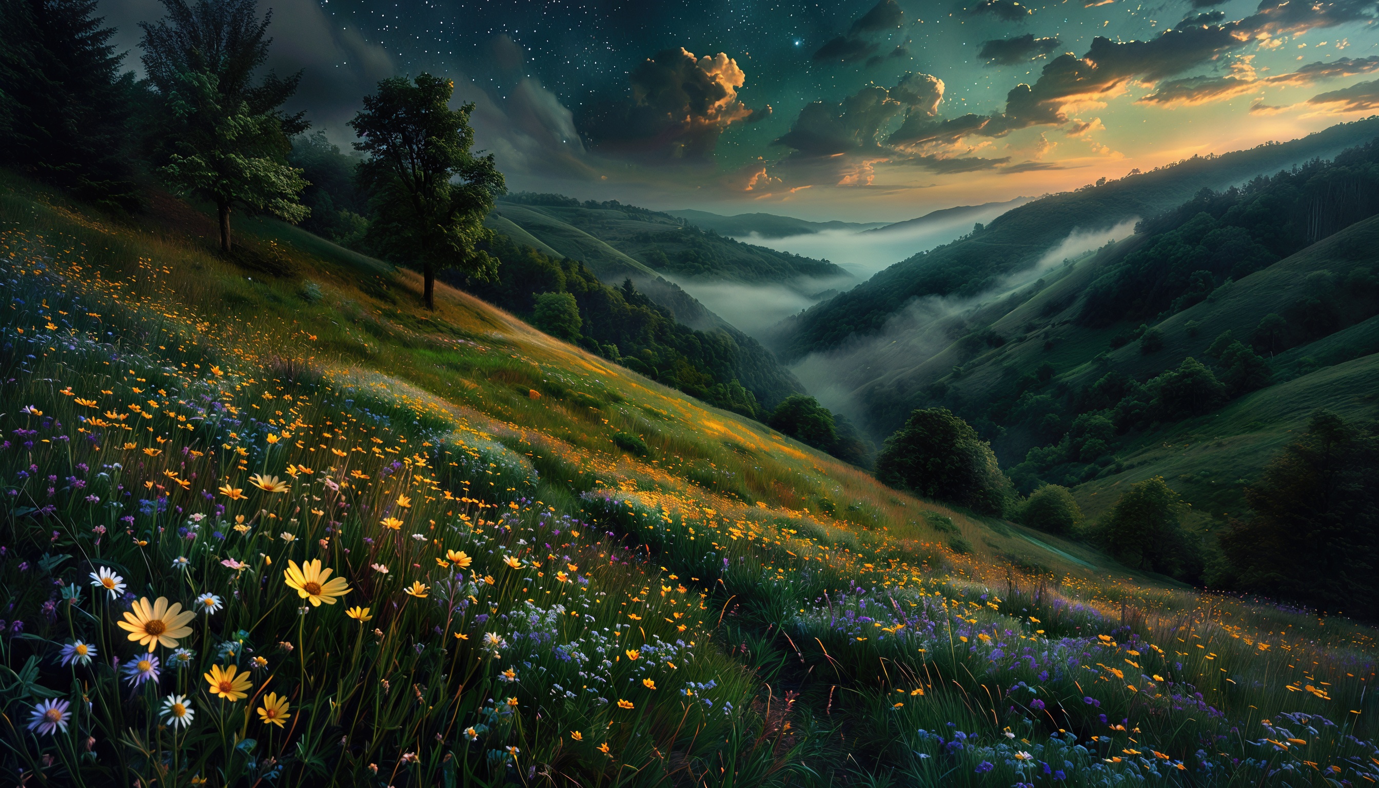 Бесплатное фото Пейзаж с холмами, цветами и горами на фоне звездного неба.