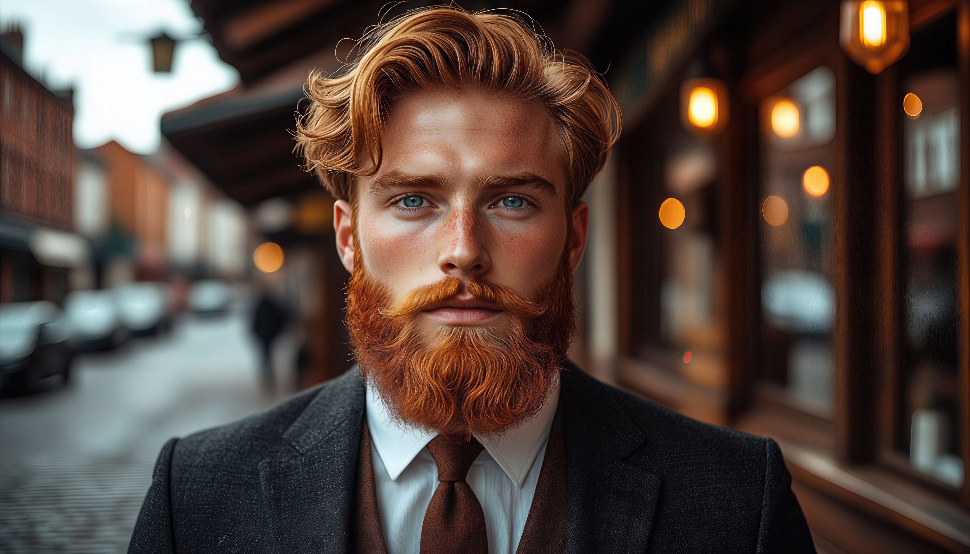 Мужчина с рыжими волосами и бородой в деловом костюме на фоне деревянной улицы с фонарями.