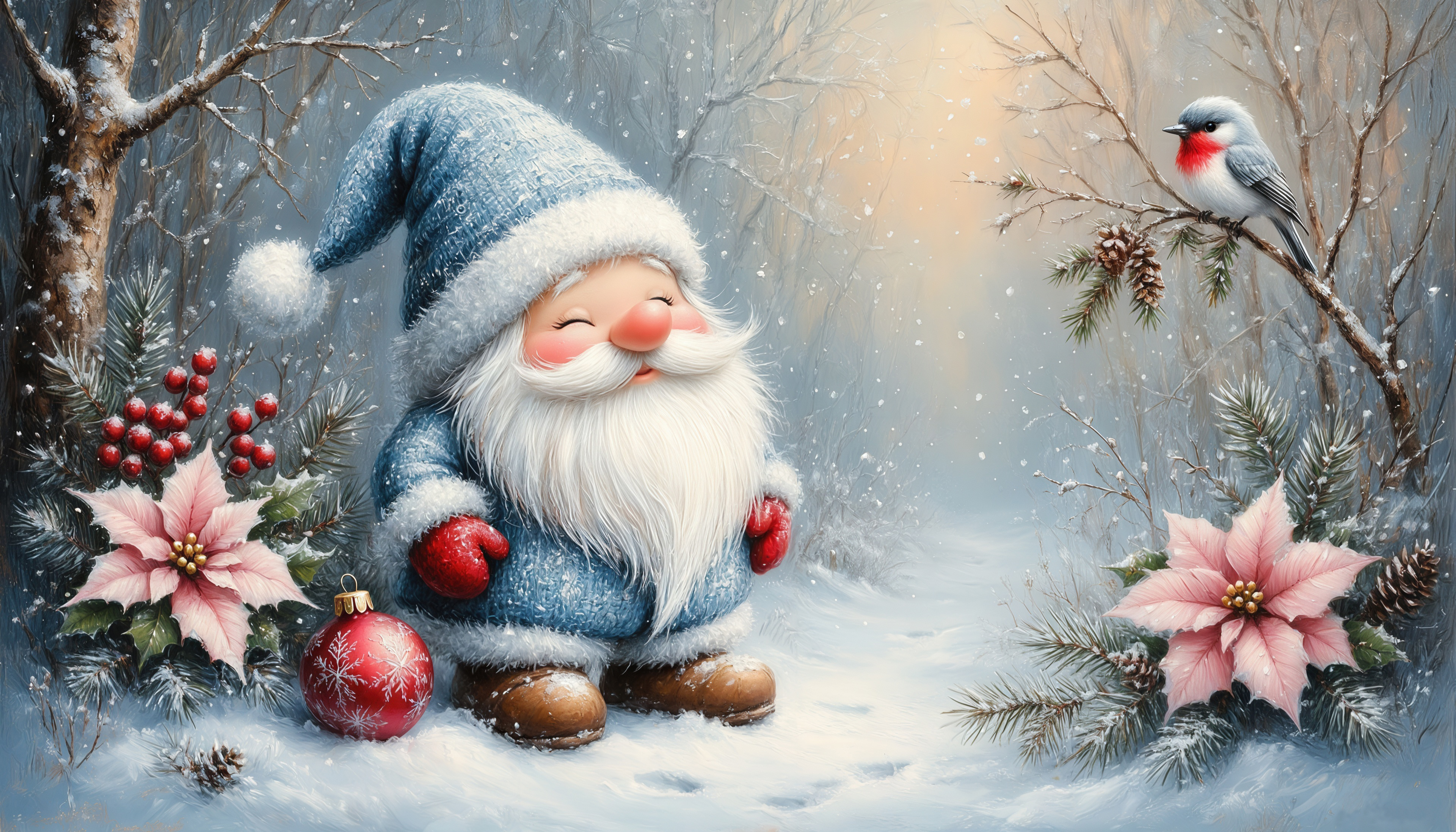 Гномик в зимней шубке окружён праздничными украшениями и пуансеттиями.