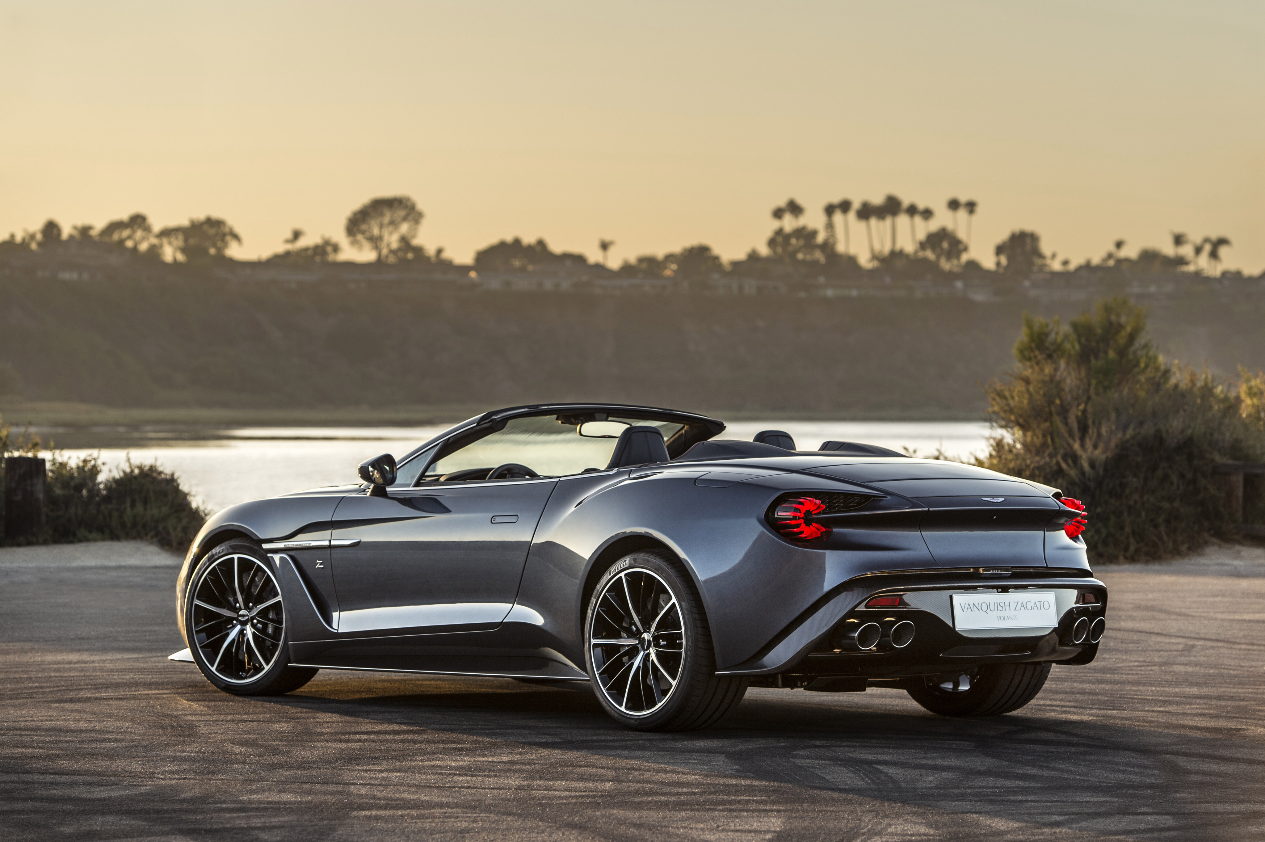Picture of a gray Aston Martin Vanquish rear view.