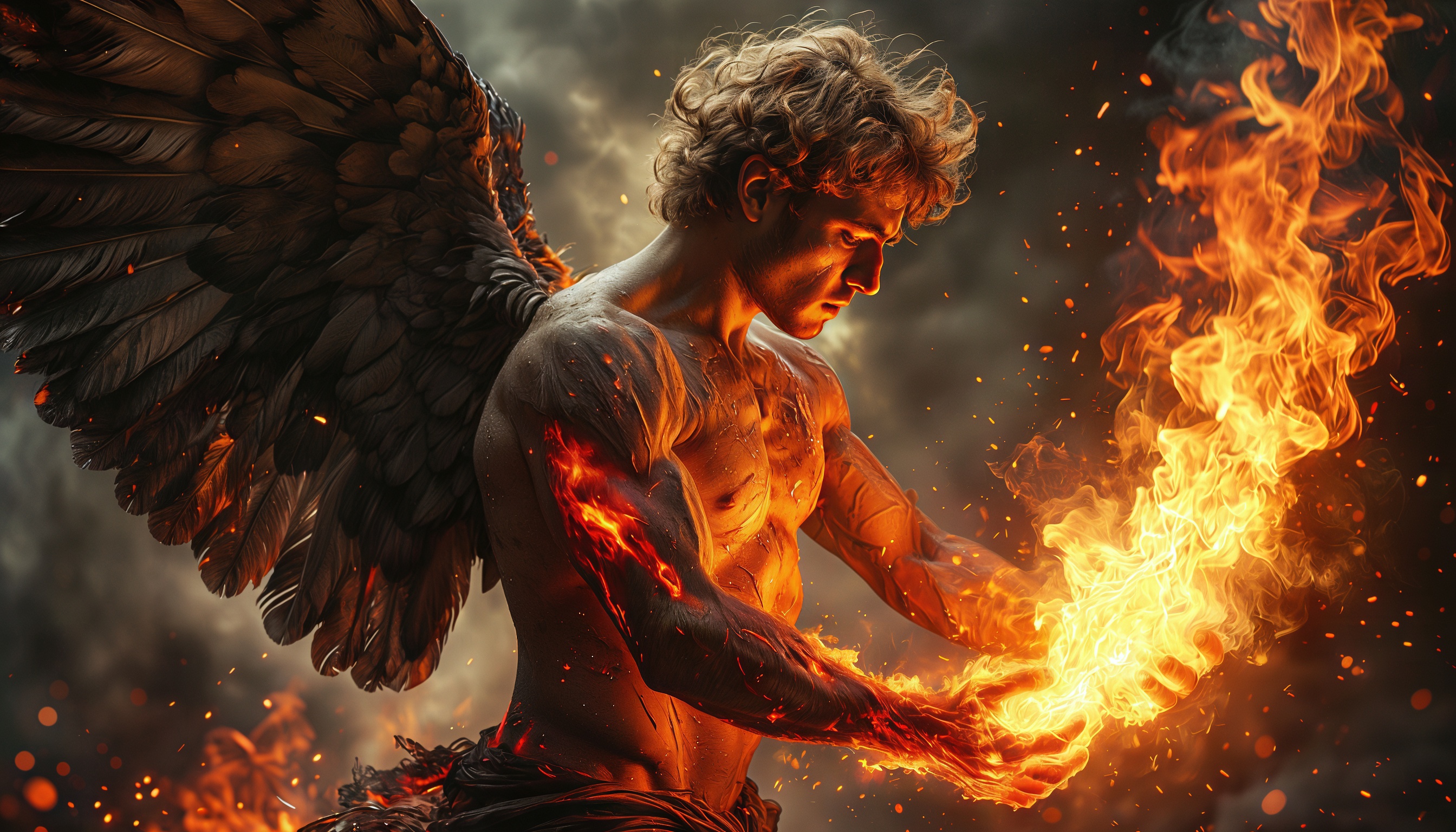 Free photo An angel with dark wings holds a bright flame in his hands, engulfed by fiery flashes against a gloomy background.