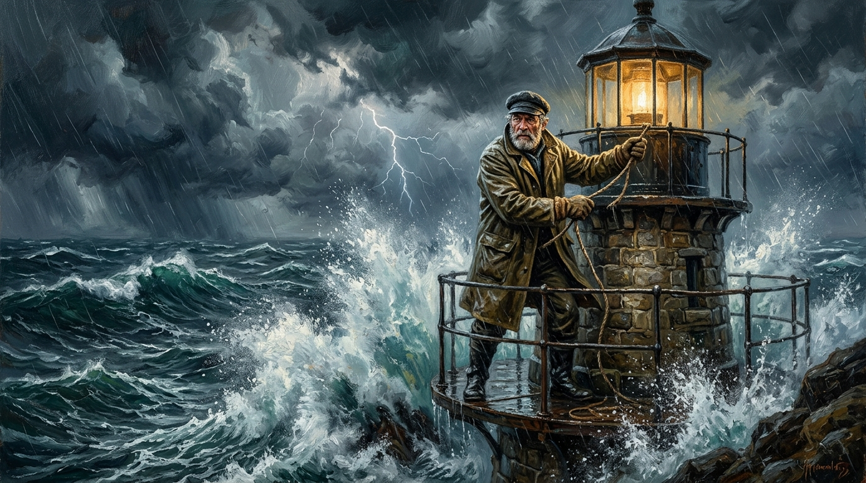 Free photo The old lighthouse keeper in the storm