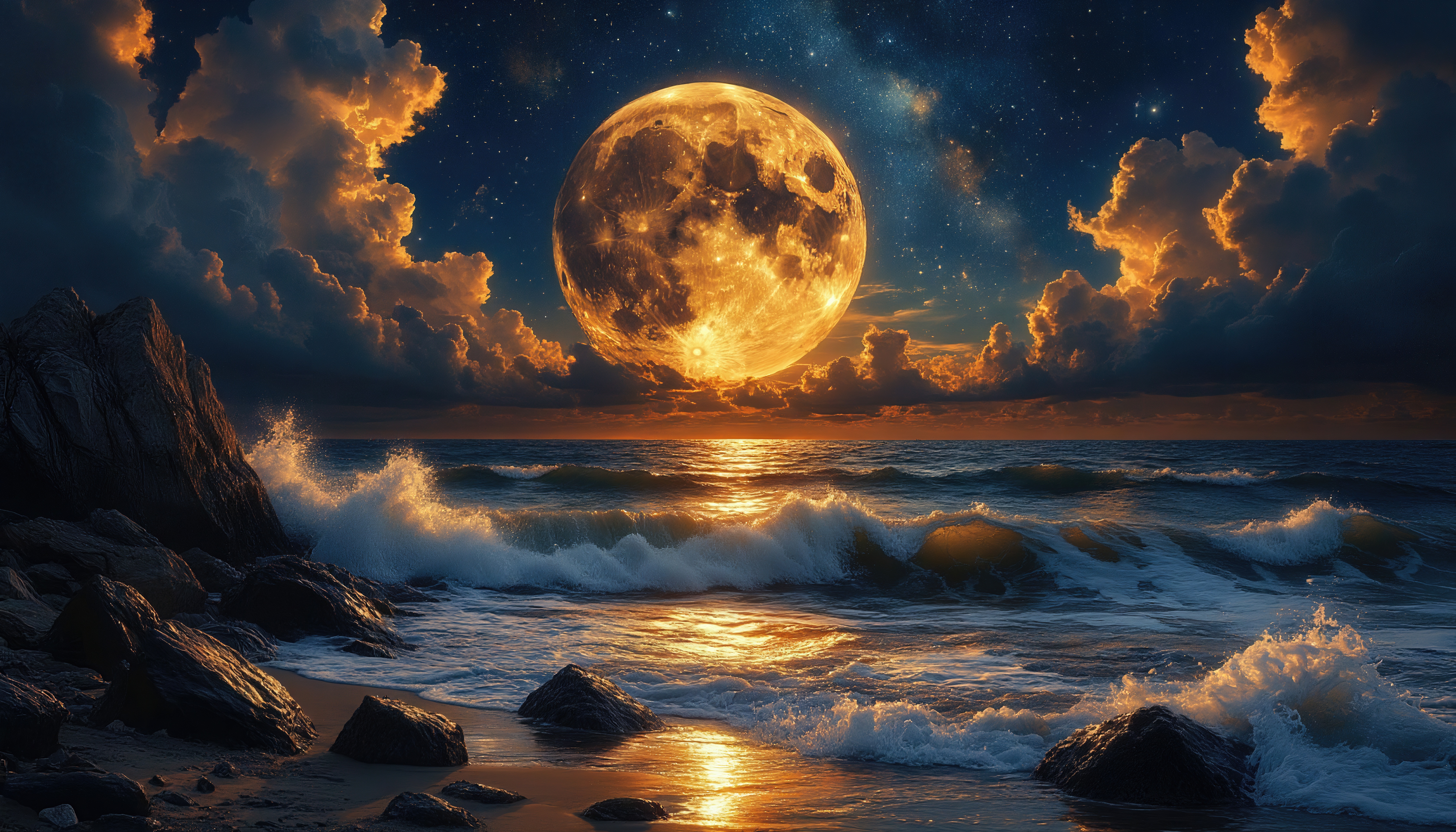 Free photo A huge golden moon illuminates the night ocean and foaming waves.