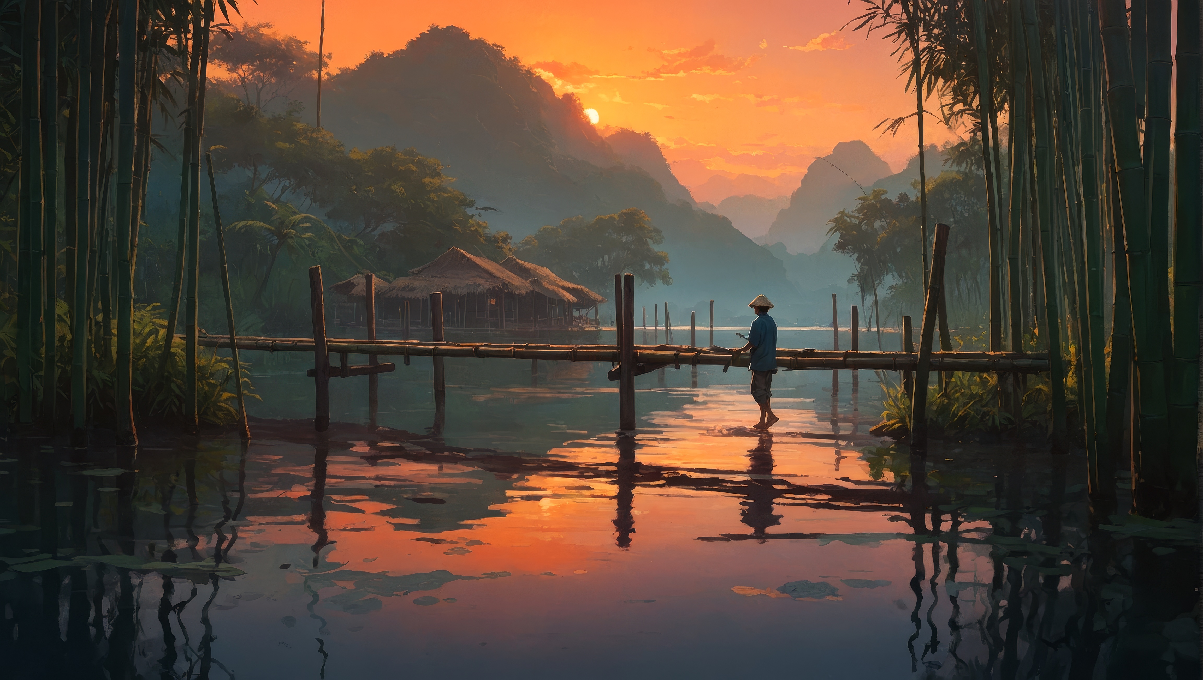 一名男子站在水边的栈桥上，身旁是竹林