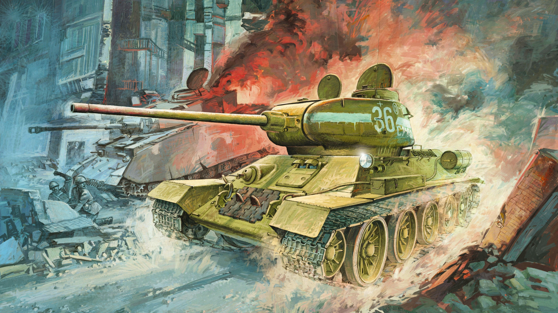 爆炸背景下的T34坦克图纸