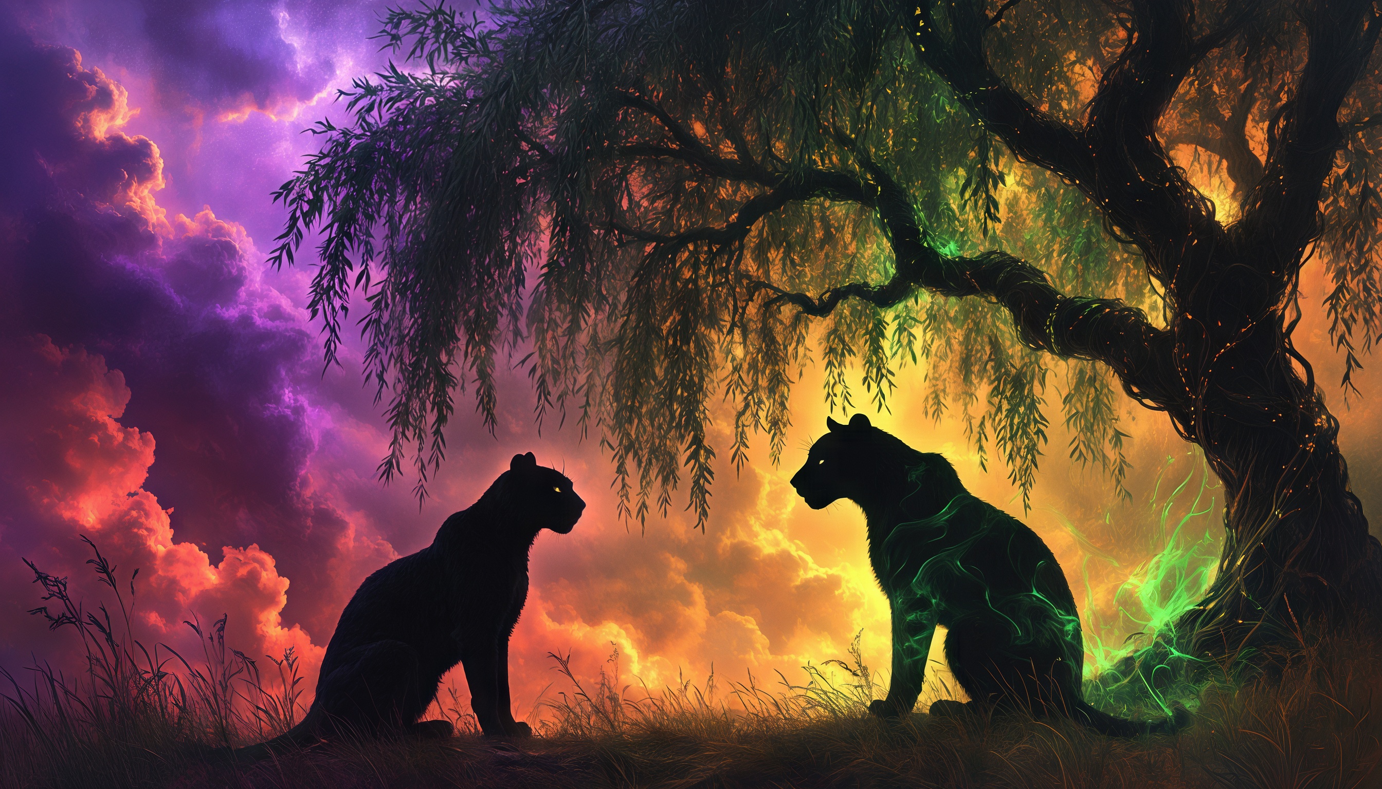 Бесплатное фото Две пантеры стоят друг напротив друга на фоне заката, окруженные мистической атмосферой.