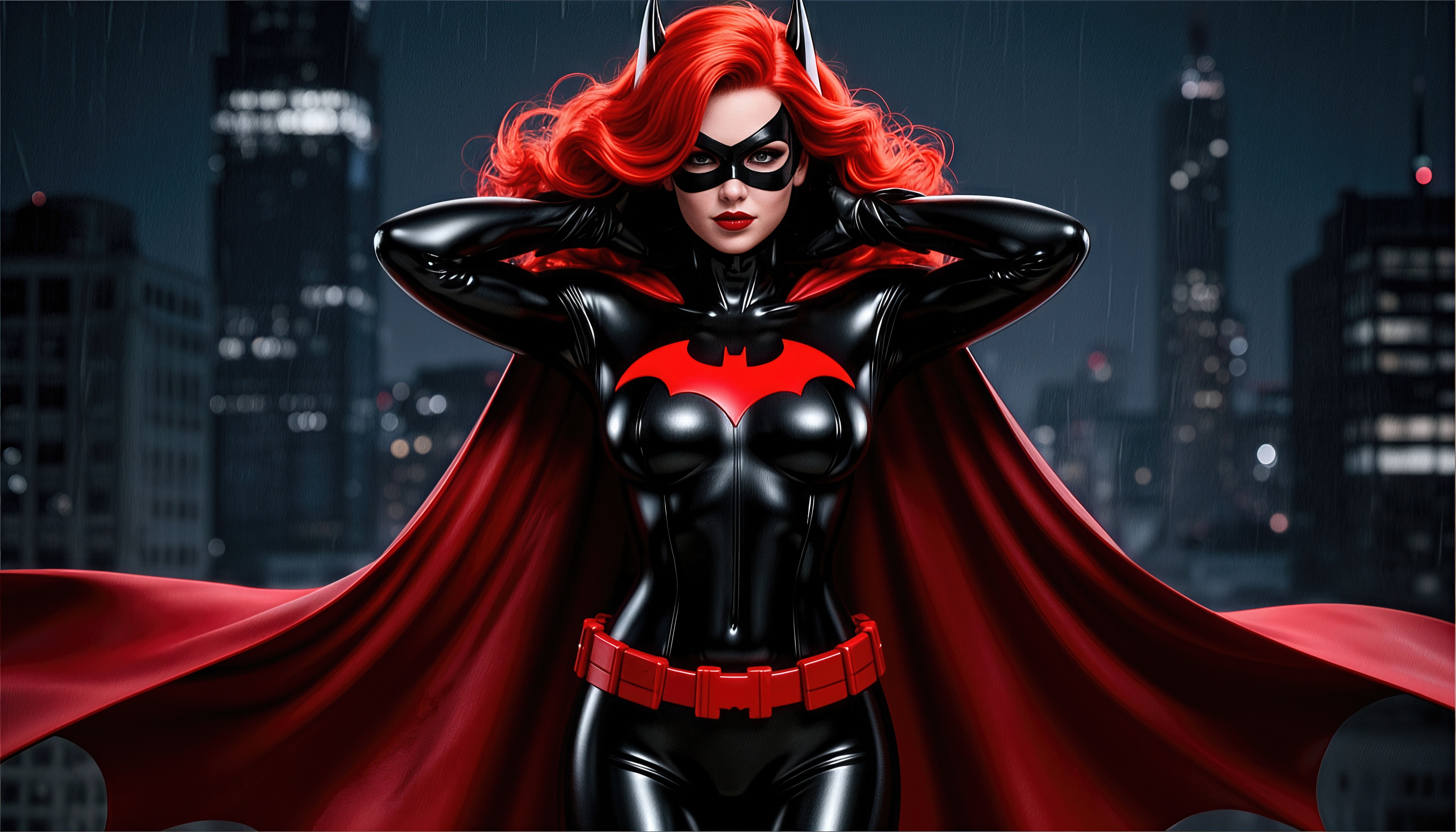 Free photo A DC heroine in a black suit with a bat symbol.