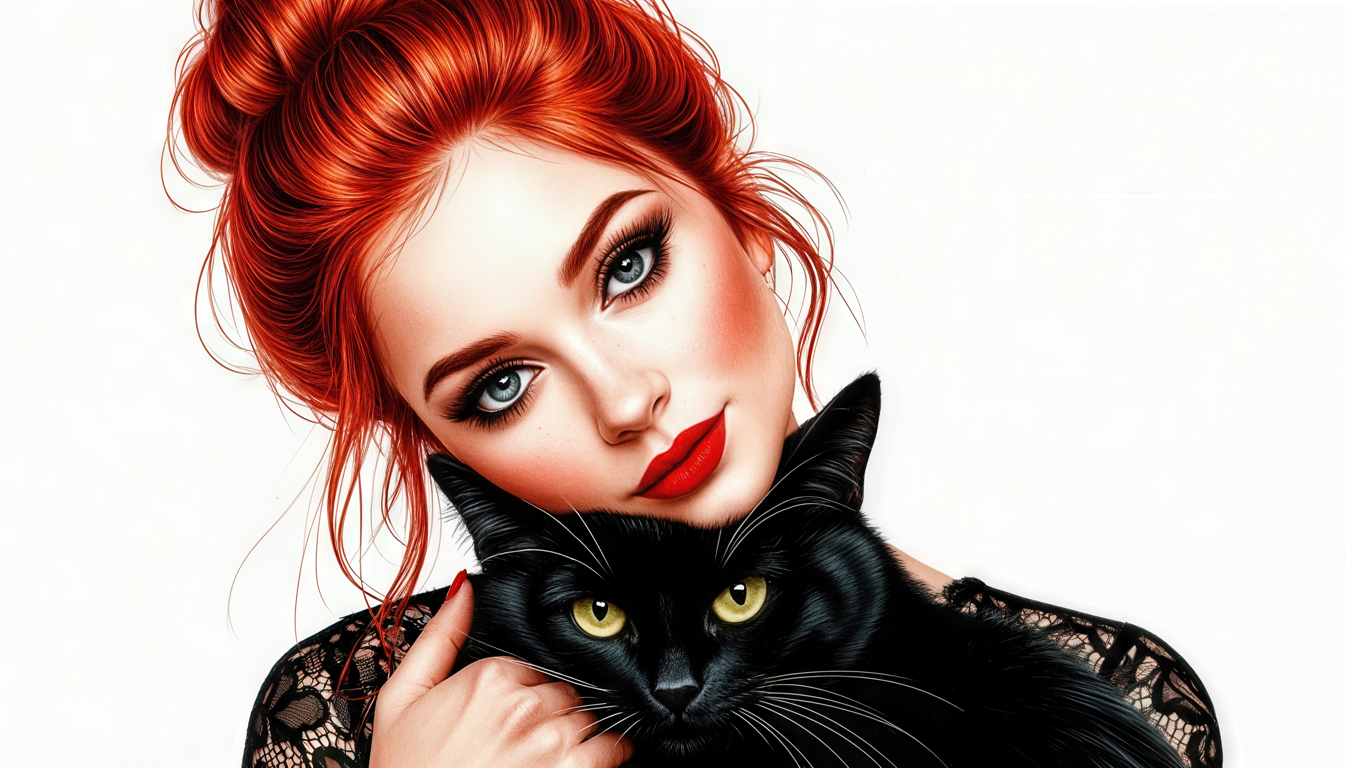 Рыжеволосая девушка с красной помадой держит черного кота с желтыми глазами на фоне черного кружевного платья.