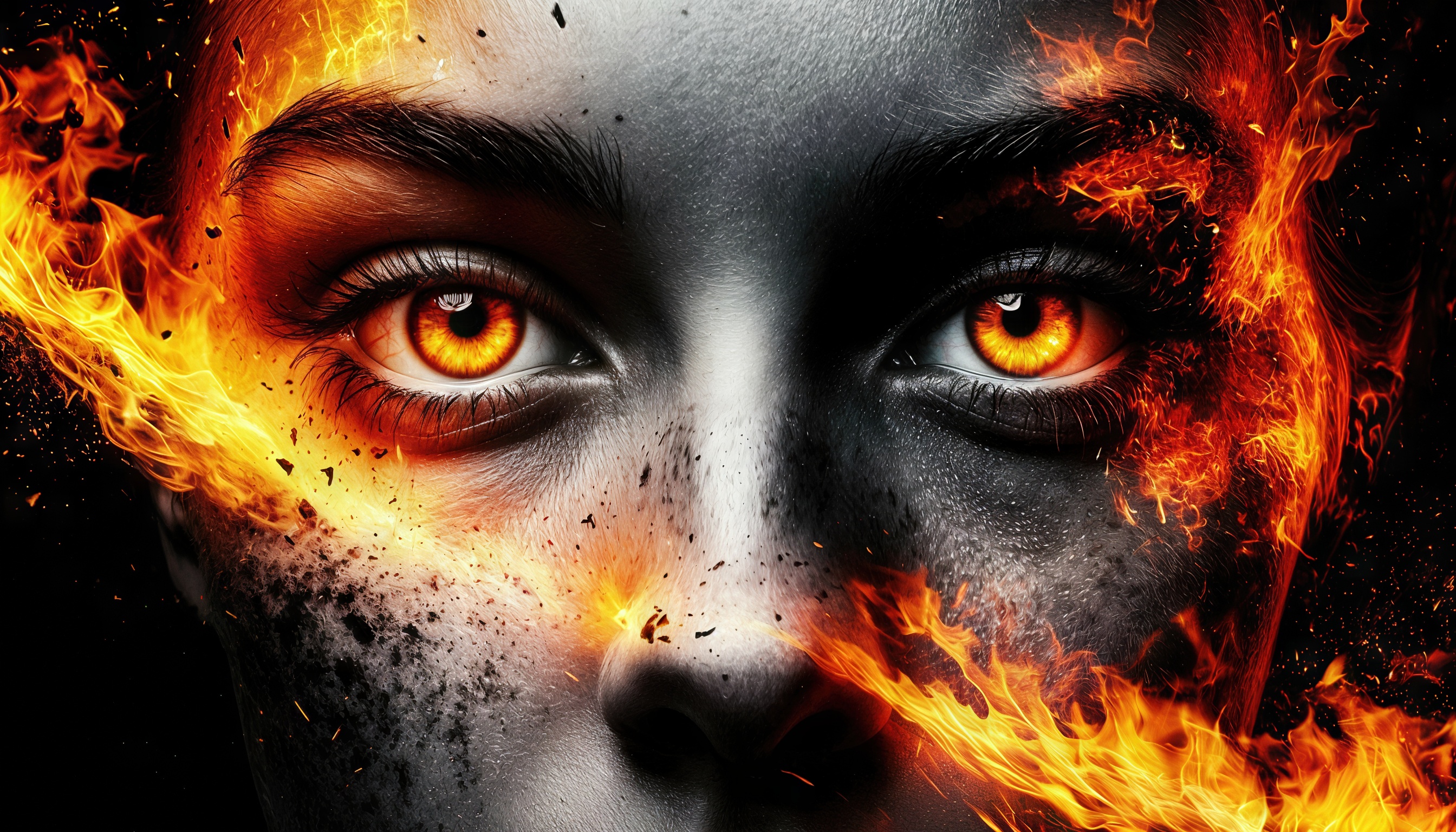 Face engulfed in flames, mysticism, fantasy