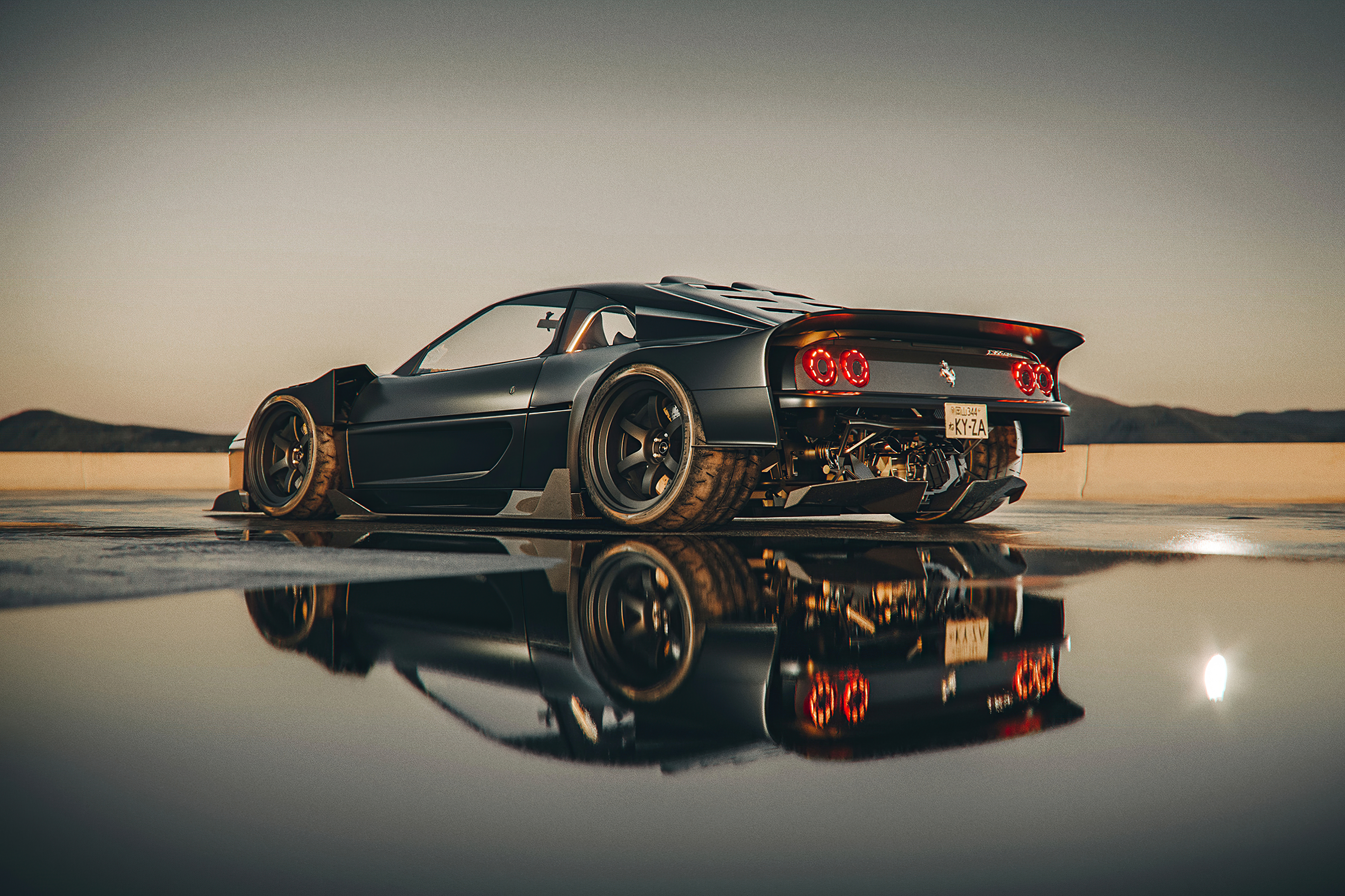 Free photo Ferrari F355 in black reflected in a puddle