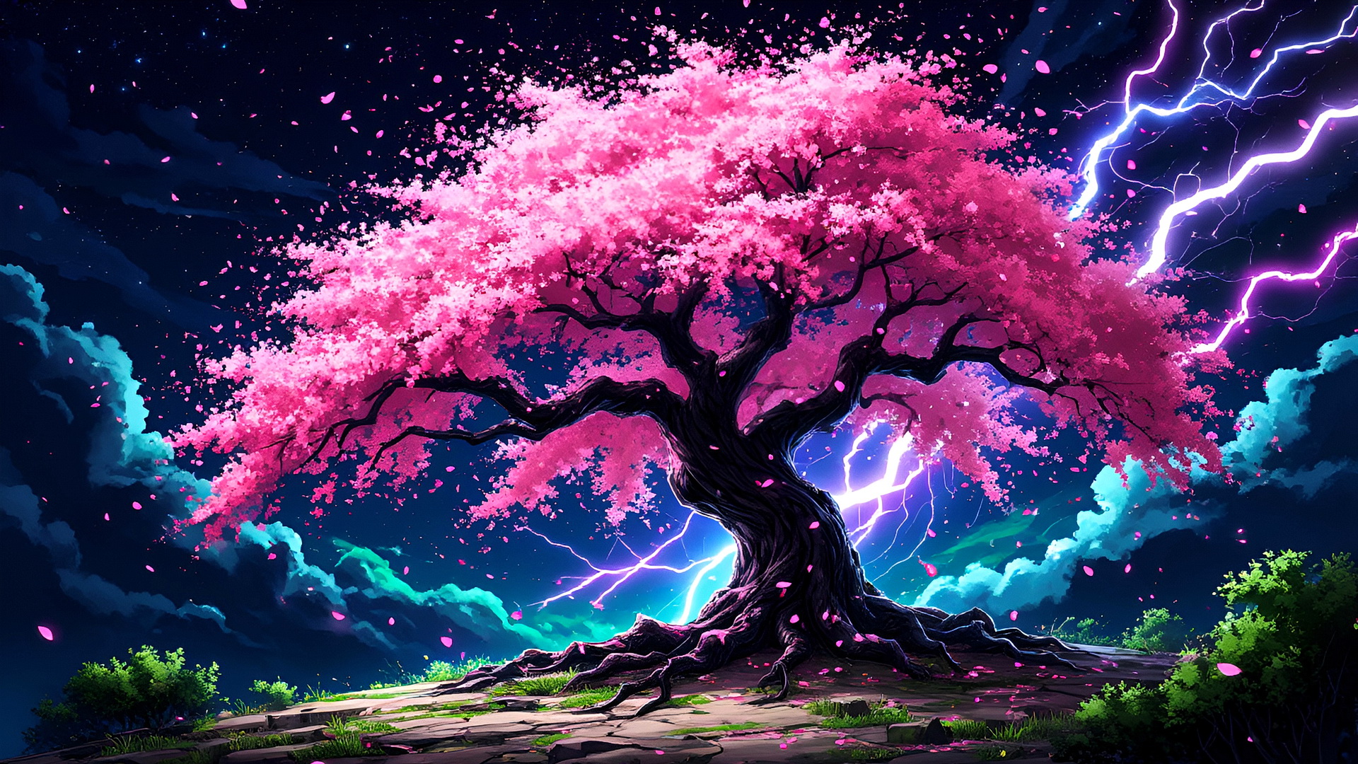 Free photo A fairy-tale tree with pink leaves and lightning bolts