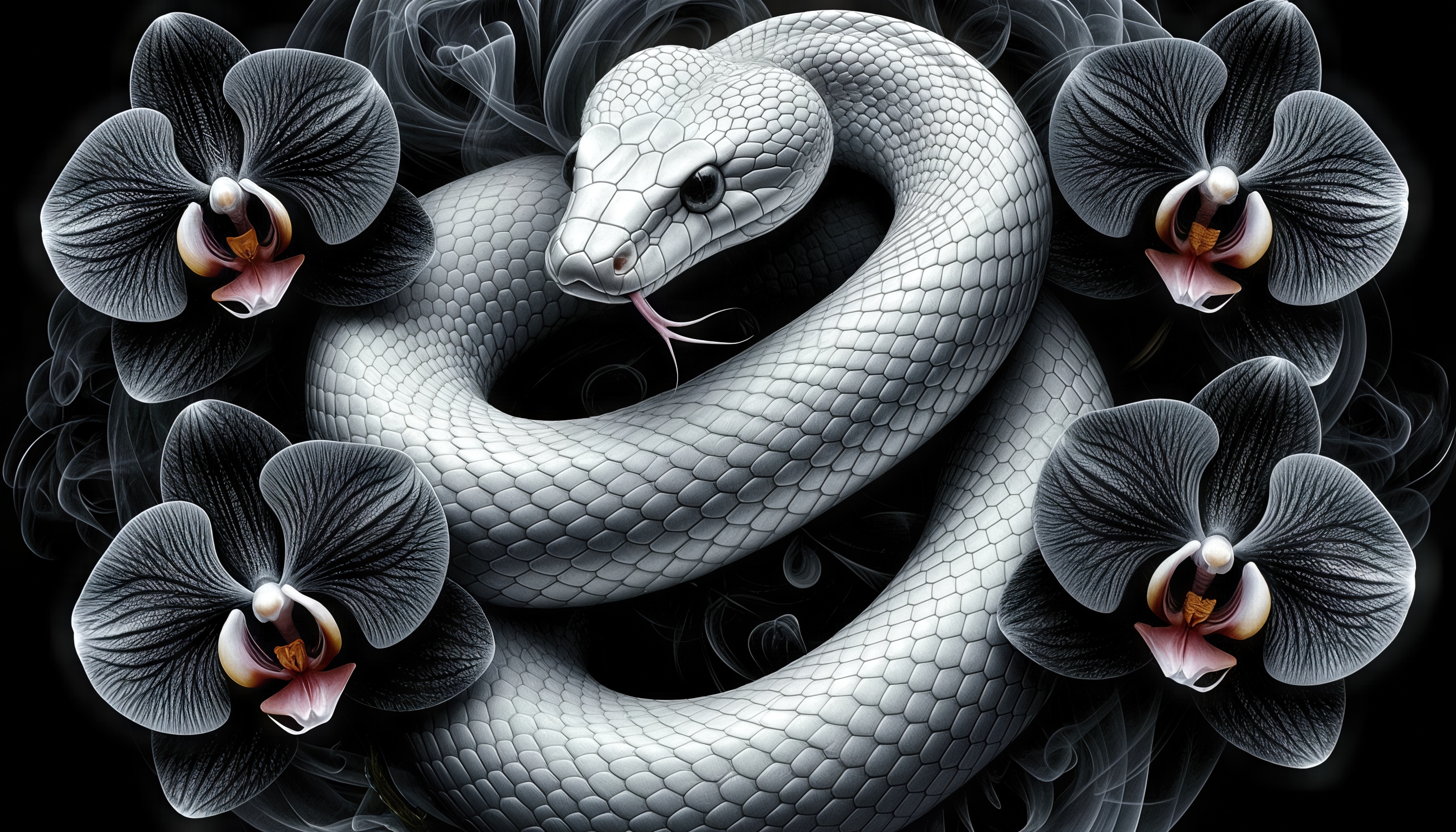 Бесплатное фото Змея и орхидеи в монохромной композиции на темном фоне.