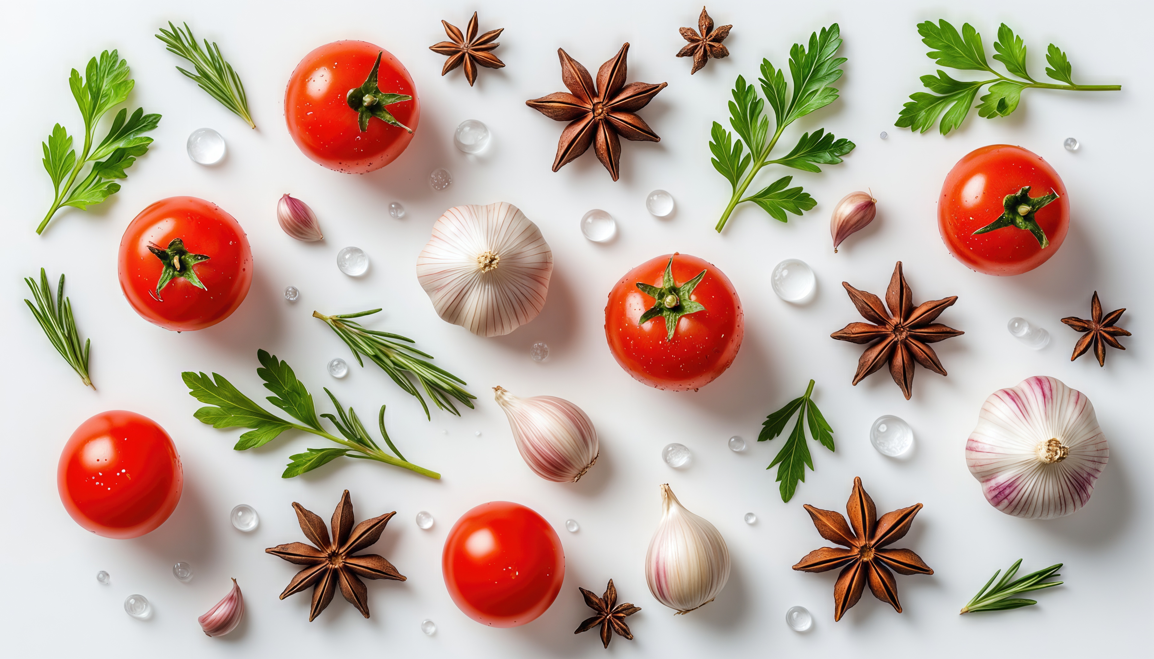 Free photo Bright tomatoes, garlic, herbs and star anise are scattered on a snow-white background.