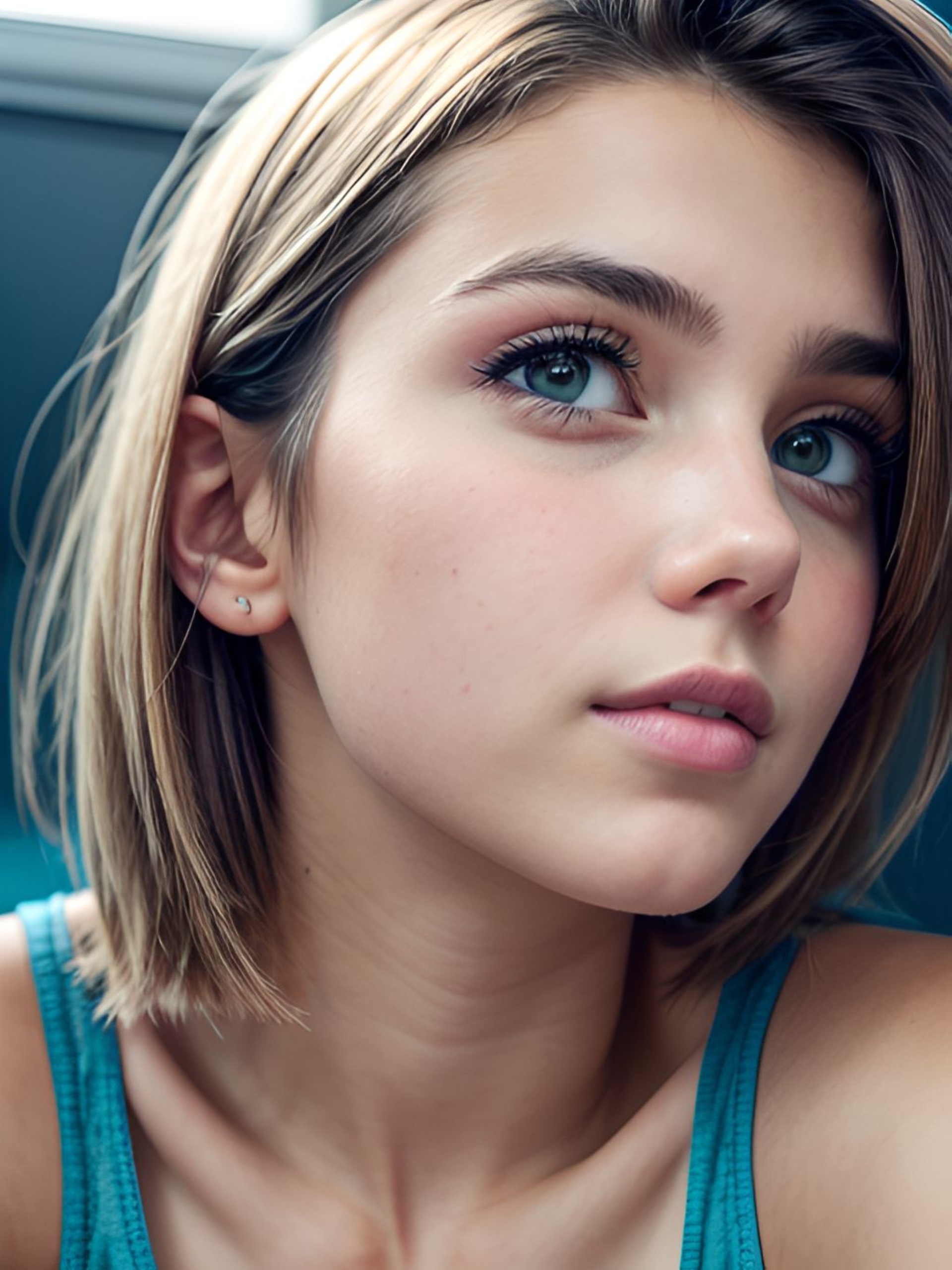 Free photo Blonde, in a blue t-shirt, with short hair, and green eyes, posing, photo