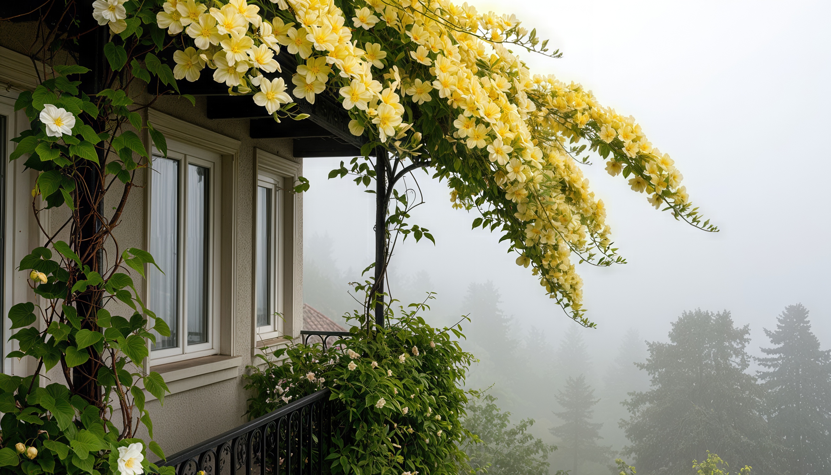 Бесплатное фото Дом с плетистыми цветами на балконе, окруженный зеленью и деревьями в тумане.