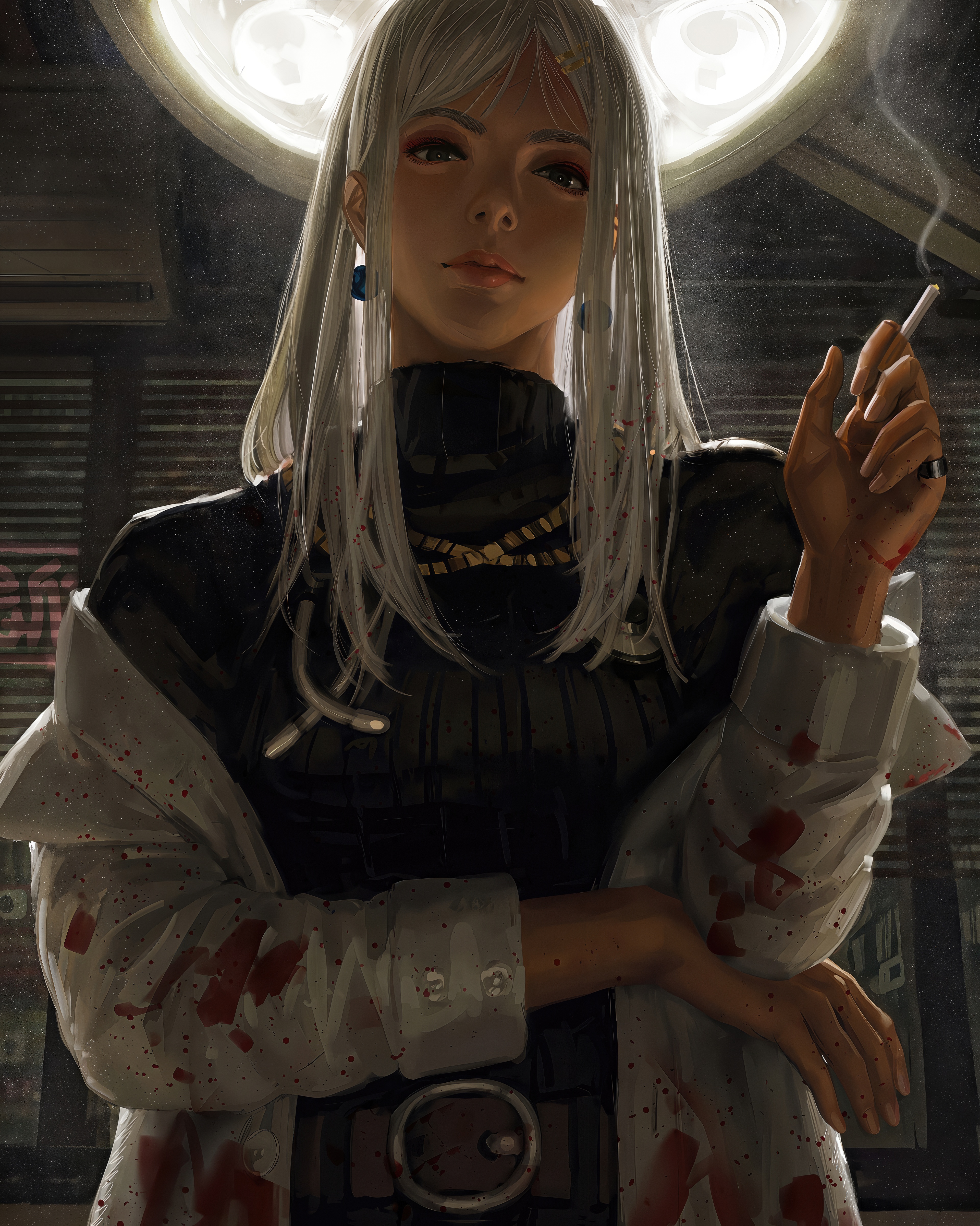 Бесплатное фото Аниме-девушка с белыми волосами в халате с кровавыми пятнами держит сигарету под хирургическим светильником.