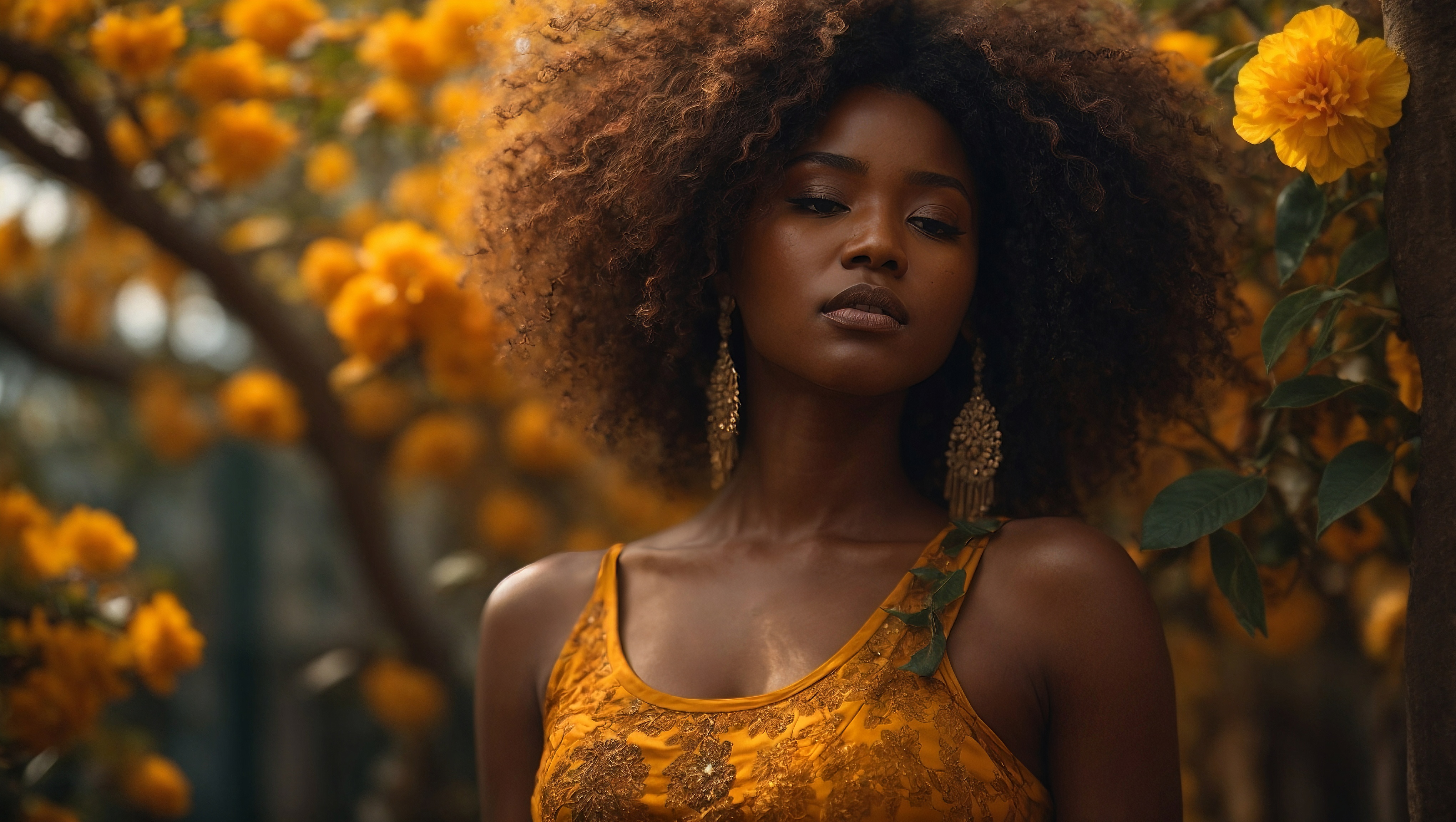 Красивая молодая чернокожая женщина в желтой одежде стоит перед цветами