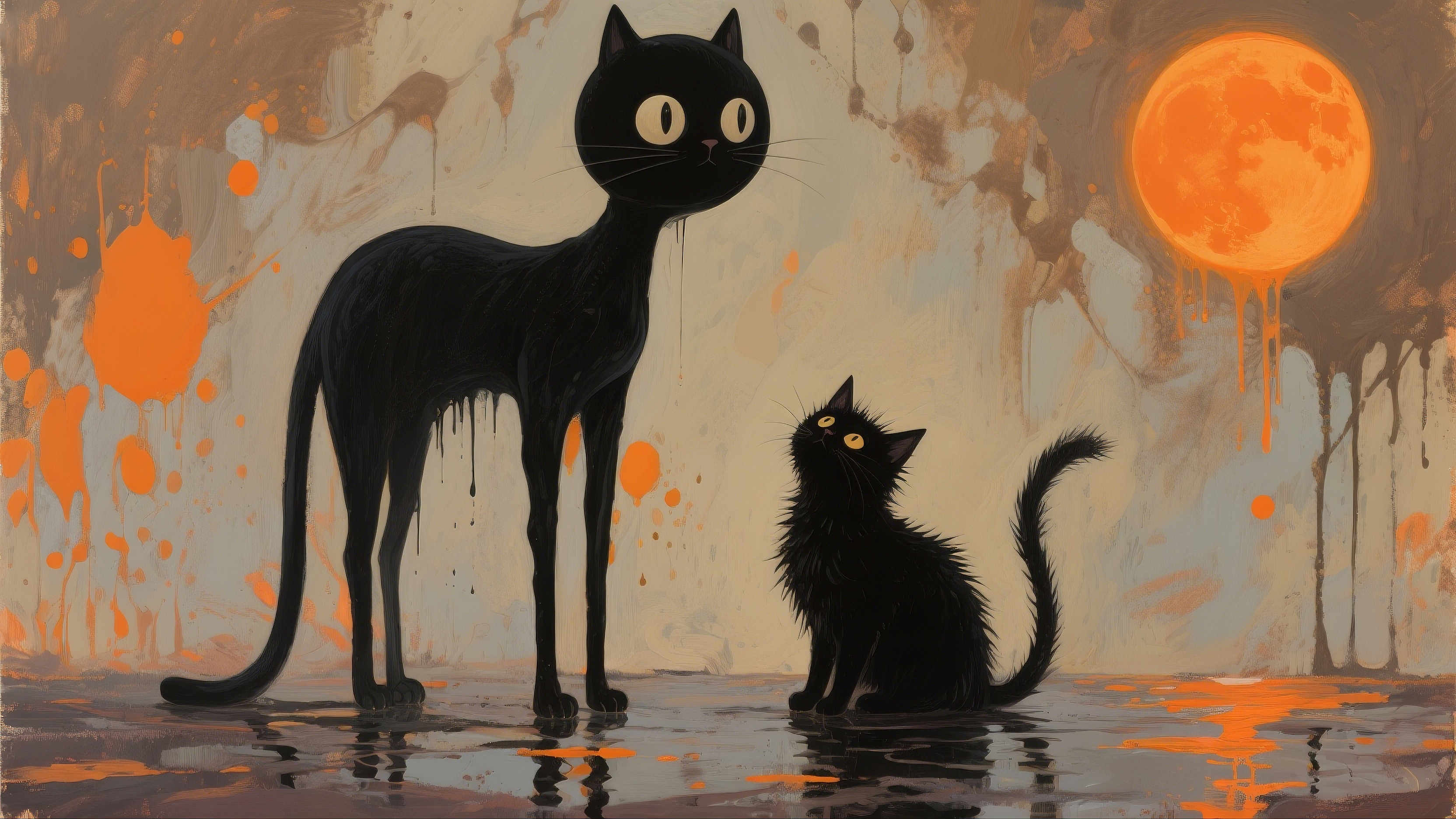 Two cats staring at each other while one stares into the distance