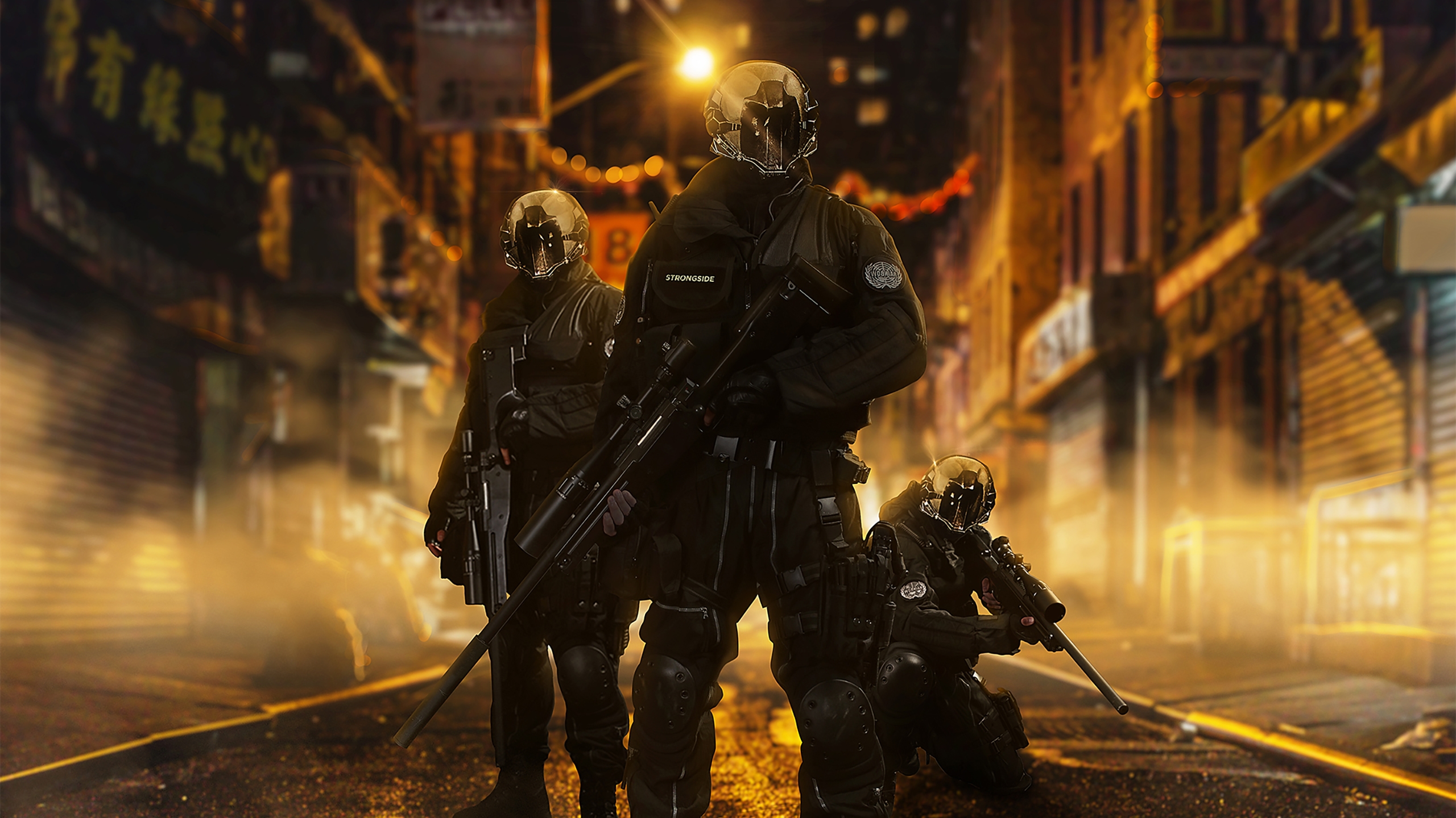 Wallpapers wallpaper futuristic soldiers street helmet on the desktop